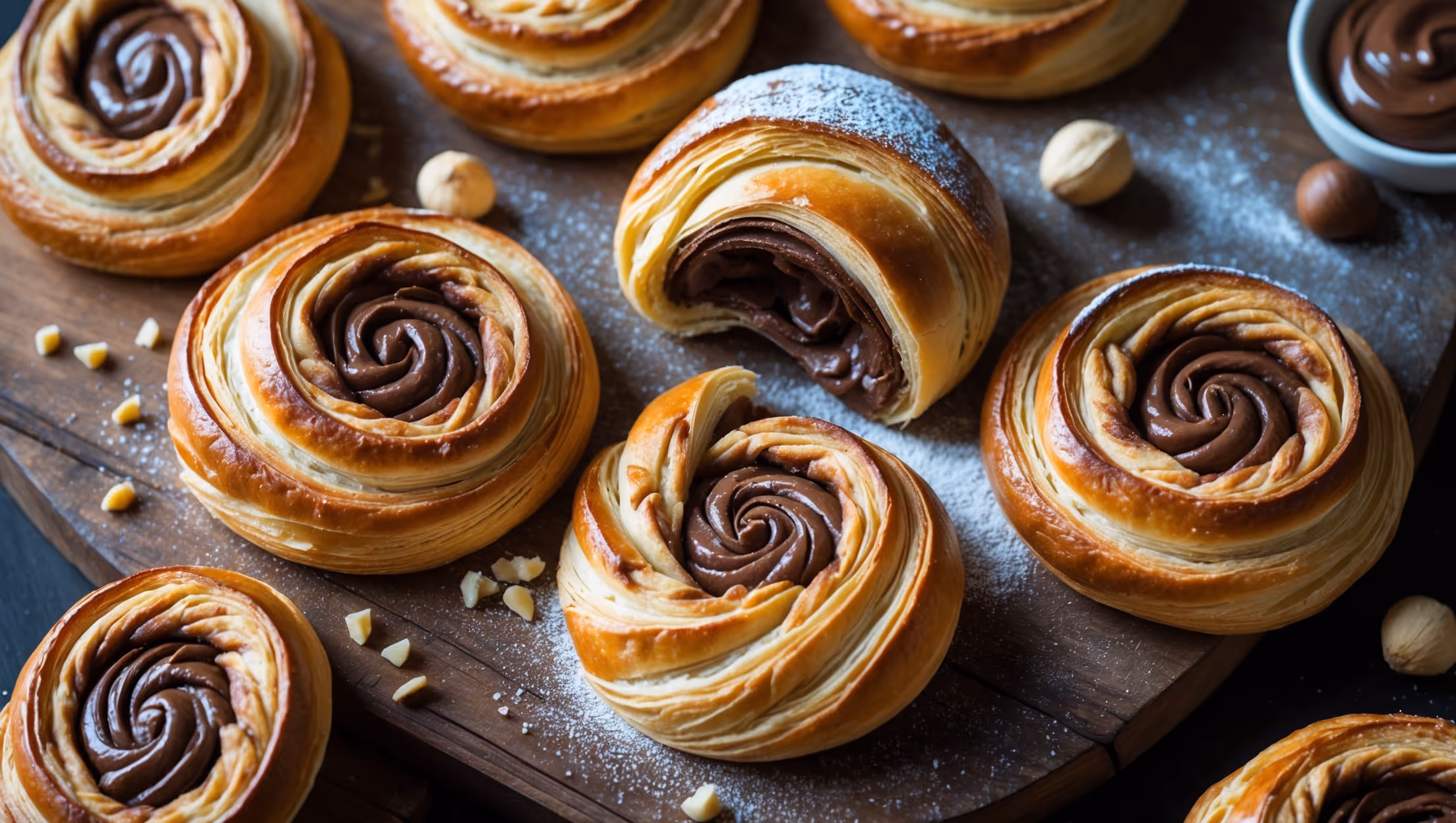 An overhead shot captures a batch of golden-brown Nutella Danishes arranged on a rustic wooden serving board, with one Danish pulled slightly away revealing its swirled chocolate-hazelnut interior. Soft natural morning light highlights the flaky, laminated pastry layers and glossy Nutella filling that peeks through delicate slits in the dough. A light dusting of powdered sugar creates subtle contrast against the burnished pastry surface, while scattered hazelnuts and a small pot of extra Nutella add context to the composition. Steam visibly rises from a freshly-broken Danish, emphasizing its warm-from-the-oven appeal, with the distinctive spiral pattern of pastry and Nutella creating a hypnotic visual texture.