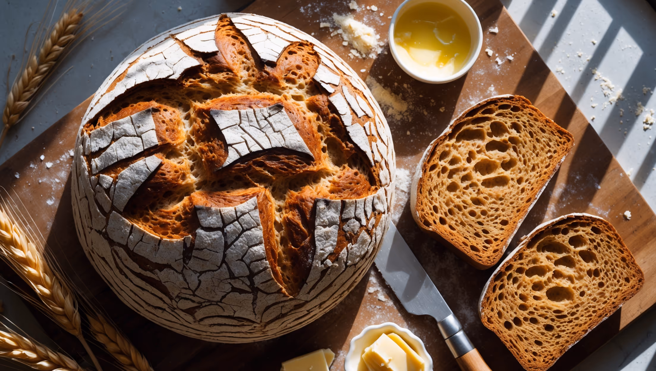 An overhead shot of a rustic round loaf of no-knead whole wheat bread with a deep golden-brown crust that's crackled and dusted with a light coating of flour. A cross-section reveals an open, irregular crumb structure with tiny air pockets throughout the tender, nutty-brown interior. The bread sits on a wooden cutting board with a few slices cut to show the texture, alongside a butter knife and small dish of honey butter. Natural window light creates shadows that highlight the bread's crusty exterior while a sprinkling of wheat berries and flour create visual interest around the composition, emphasizing the wholesome, artisanal nature of this homemade loaf.