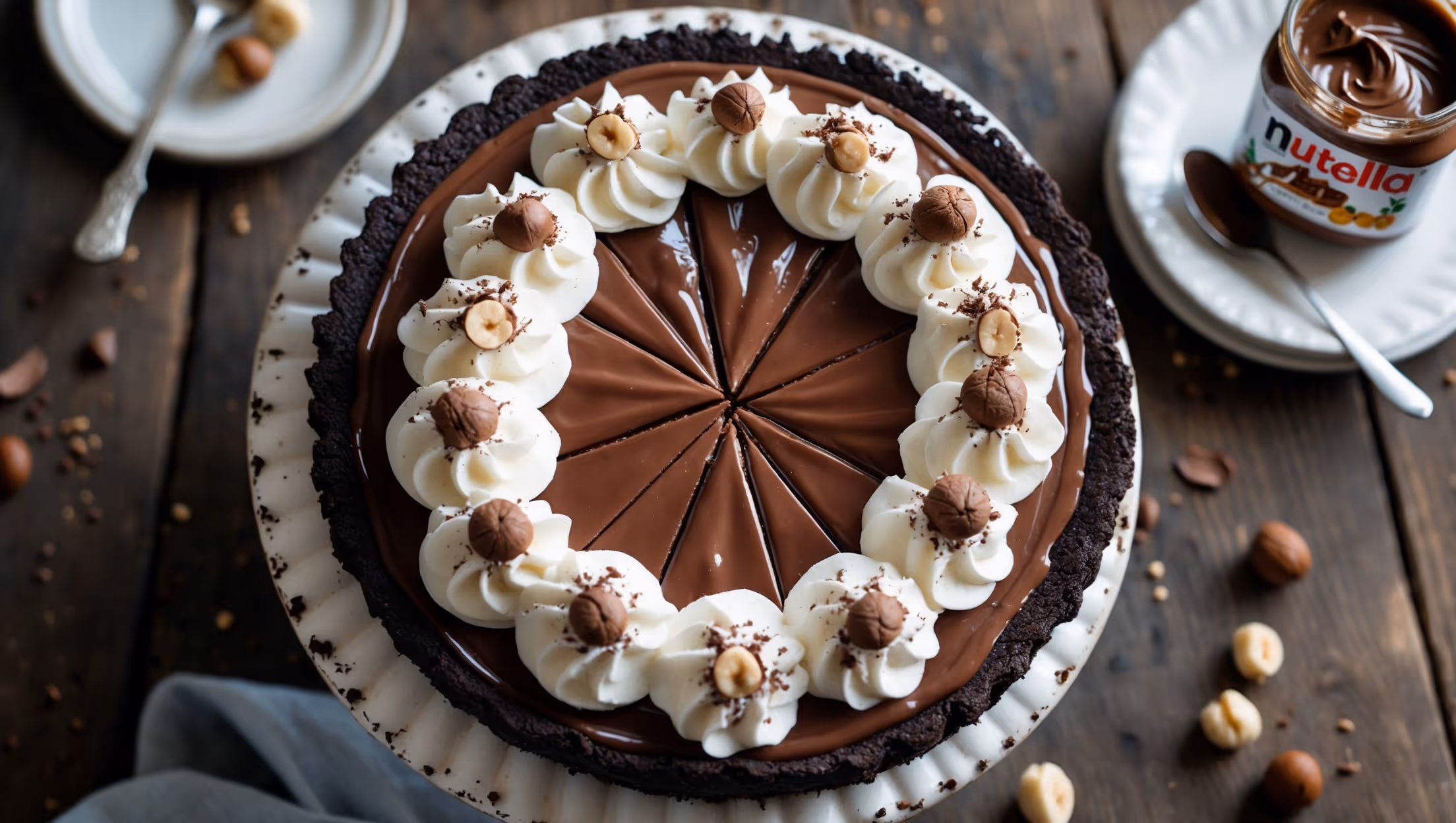 An overhead shot of a perfectly sliced Nutella Cream Pie showcasing its distinct layers – the dark chocolate cookie crust providing a striking base for the velvety Nutella filling. A cross-section reveals the pie's beautiful texture contrast, with a smooth, glossy chocolate-hazelnut filling transitioning to peaks of fluffy whipped cream garnished with chocolate shavings and whole hazelnuts. The pie sits on a vintage white cake stand against a rustic wooden table background, with scattered hazelnuts and a jar of Nutella with a spoon artfully placed beside it. Soft natural window light highlights the glossy surface of the filling and creates gentle shadows that emphasize the pie's rich, indulgent nature.