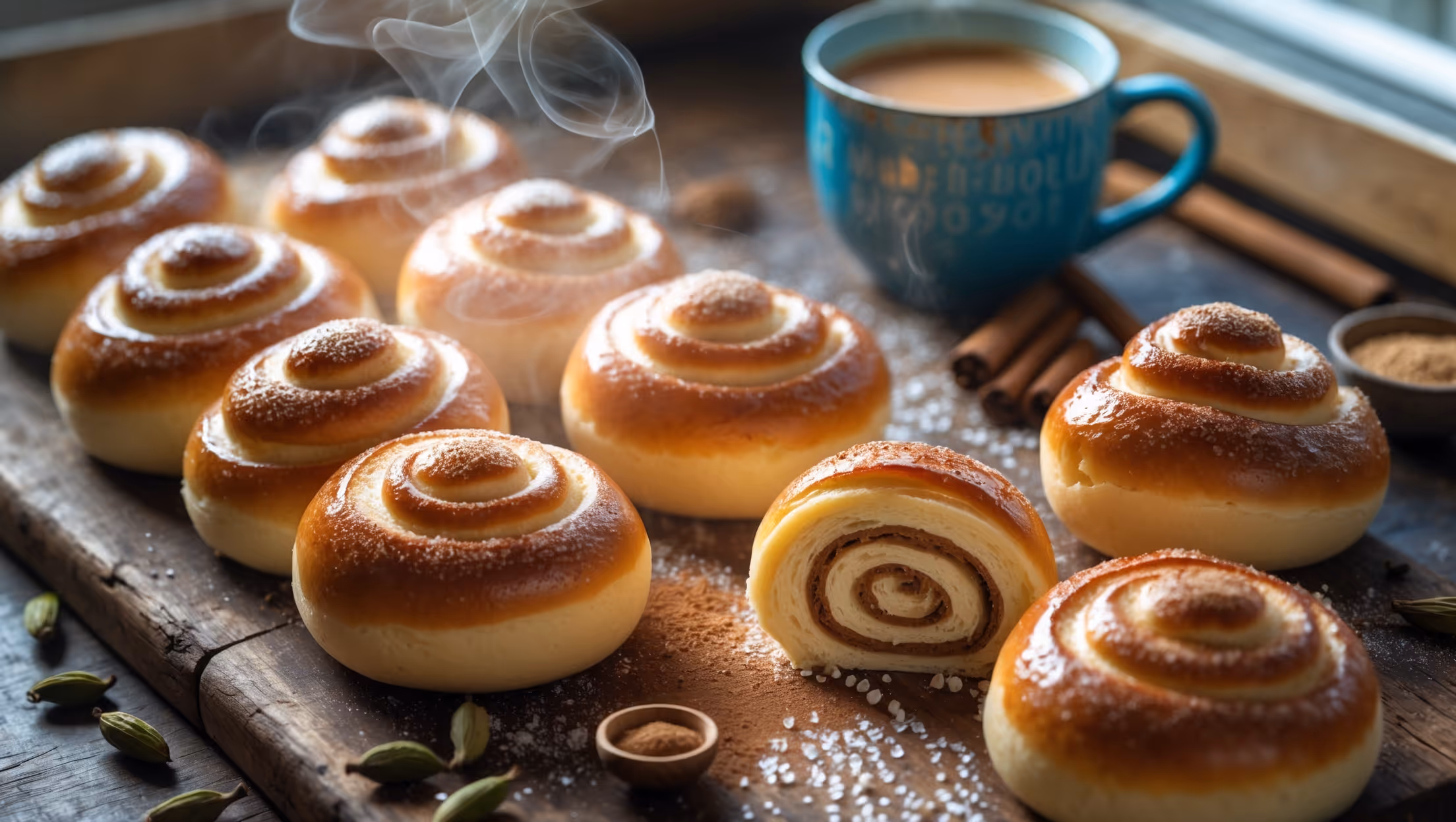 An overhead shot of freshly baked Skillingsboller arranged on a rustic wooden board, their golden-brown tops glistening with sugar glaze. A cross-section view reveals the soft, fluffy spiraled interior with visible swirls of cinnamon-sugar filling. Steam rises gently from a just-broken bun, with pearl sugar crystals catching the soft natural light streaming through a nearby window. In the background, a vintage blue ceramic mug of coffee and scattered cardamom pods provide context to this traditional Norwegian treat, while a dusting of cinnamon and a small bowl of pearl sugar complete the cozy Scandinavian styling.