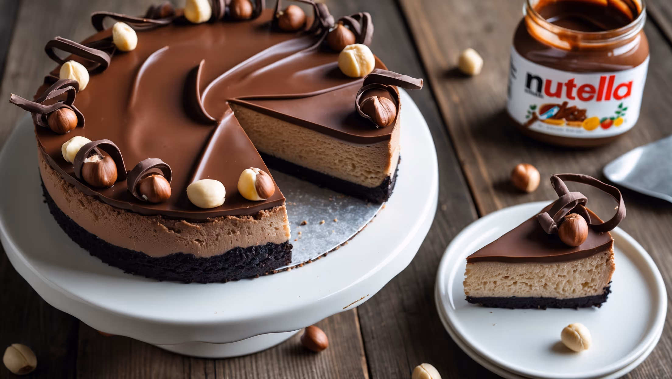 An overhead shot of a perfectly sliced Nutella cheesecake on a white ceramic cake stand, revealing the distinct chocolate cookie crust and creamy Nutella-infused filling. The glossy chocolate ganache topping catches the soft natural light, creating an enticing sheen. Whole hazelnuts and chocolate curls are artfully scattered around the edges, while a slice being lifted away shows the luscious, smooth texture. The cheesecake sits on a rustic wooden table with a jar of Nutella and fresh hazelnuts strategically placed in the background, emphasizing the signature chocolate-hazelnut flavors.