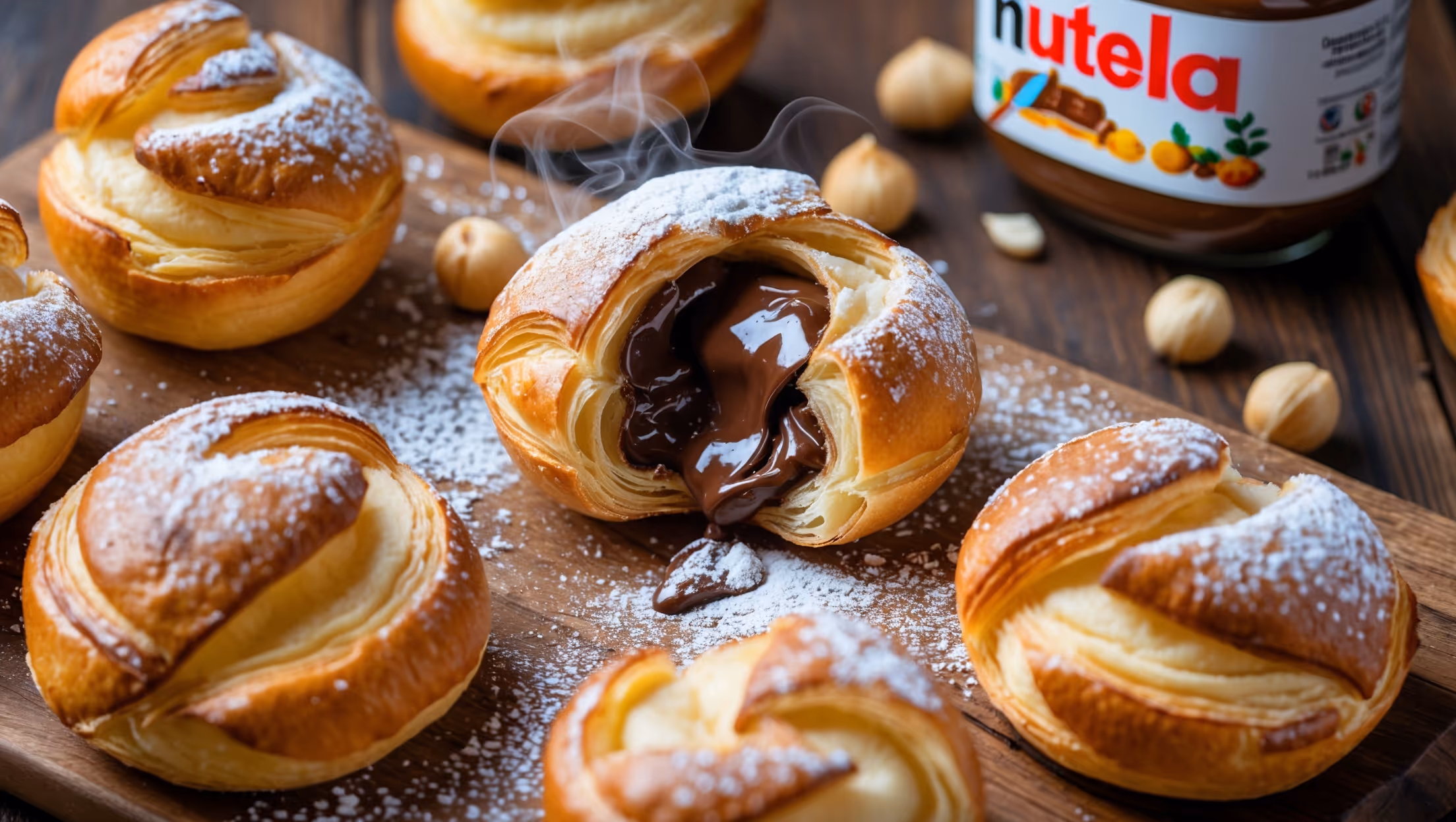 Overhead shot of golden-brown Nutella Puffs arranged on a rustic wooden serving board, with one puff broken open to reveal the luscious chocolate-hazelnut filling oozing slightly from the center. Captured in soft natural light that highlights the contrast between the flaky, buttery exterior and the dark, glossy Nutella within. A light dusting of powdered sugar creates a beautiful contrast against the pastry, while scattered hazelnuts and a small jar of Nutella in the background complete the composition. The steam rising slightly from the freshly baked puffs suggests warmth and invites immediate tasting.