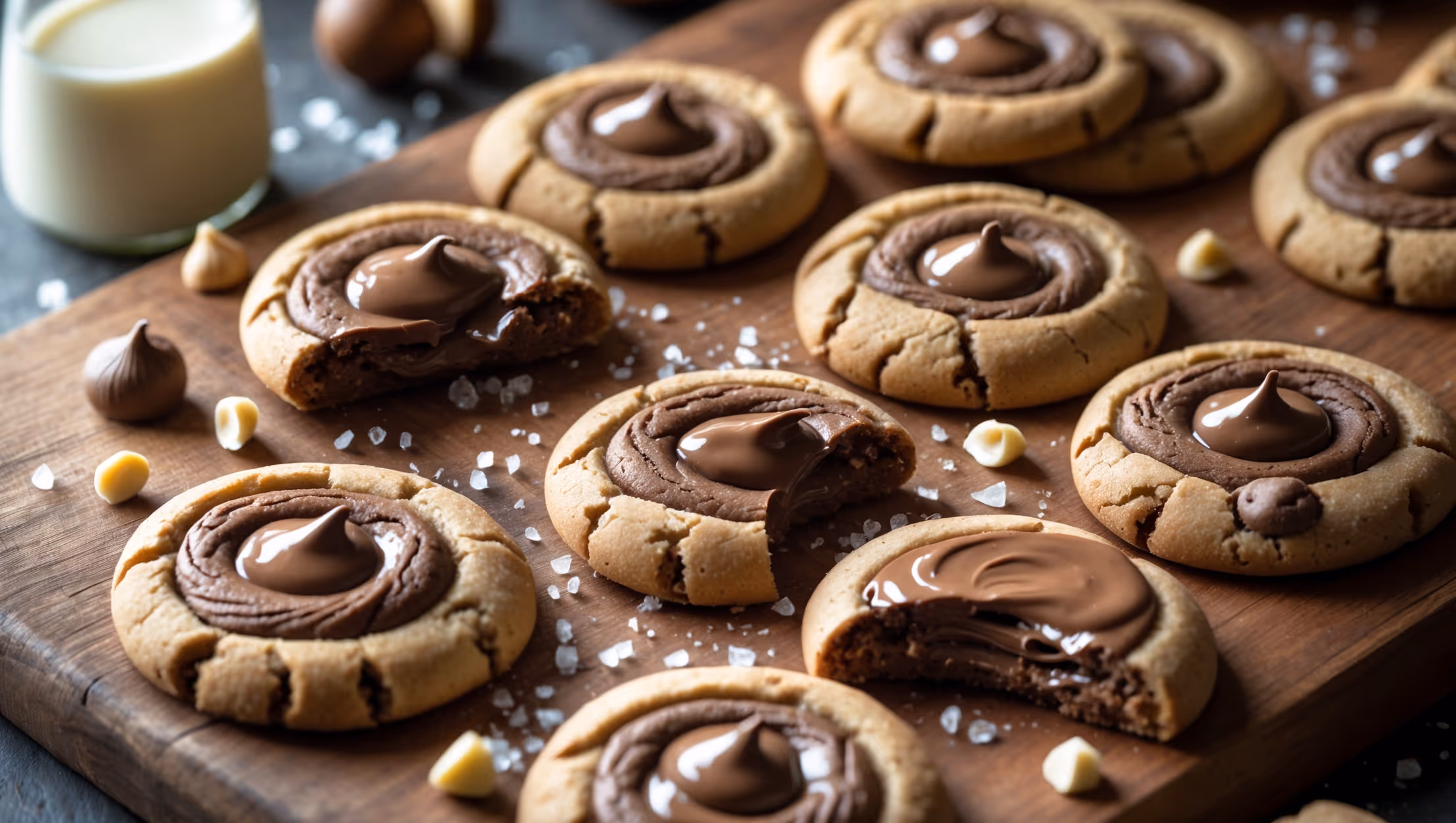 An overhead shot of perfectly round Nutella chocolate chip cookies with distinctive chocolatey swirls, photographed in warm natural light that highlights their golden edges and soft centers. A close-up reveals pockets of melted Nutella and chocolate chips, with some cookies broken in half to showcase the gooey interior texture. The cookies are arranged on a rustic wooden board with a small jar of Nutella, scattered hazelnuts, and a vintage milk bottle in the background. A light dusting of sea salt crystals captures the light, creating subtle sparkles against the rich brown cookie backdrop.