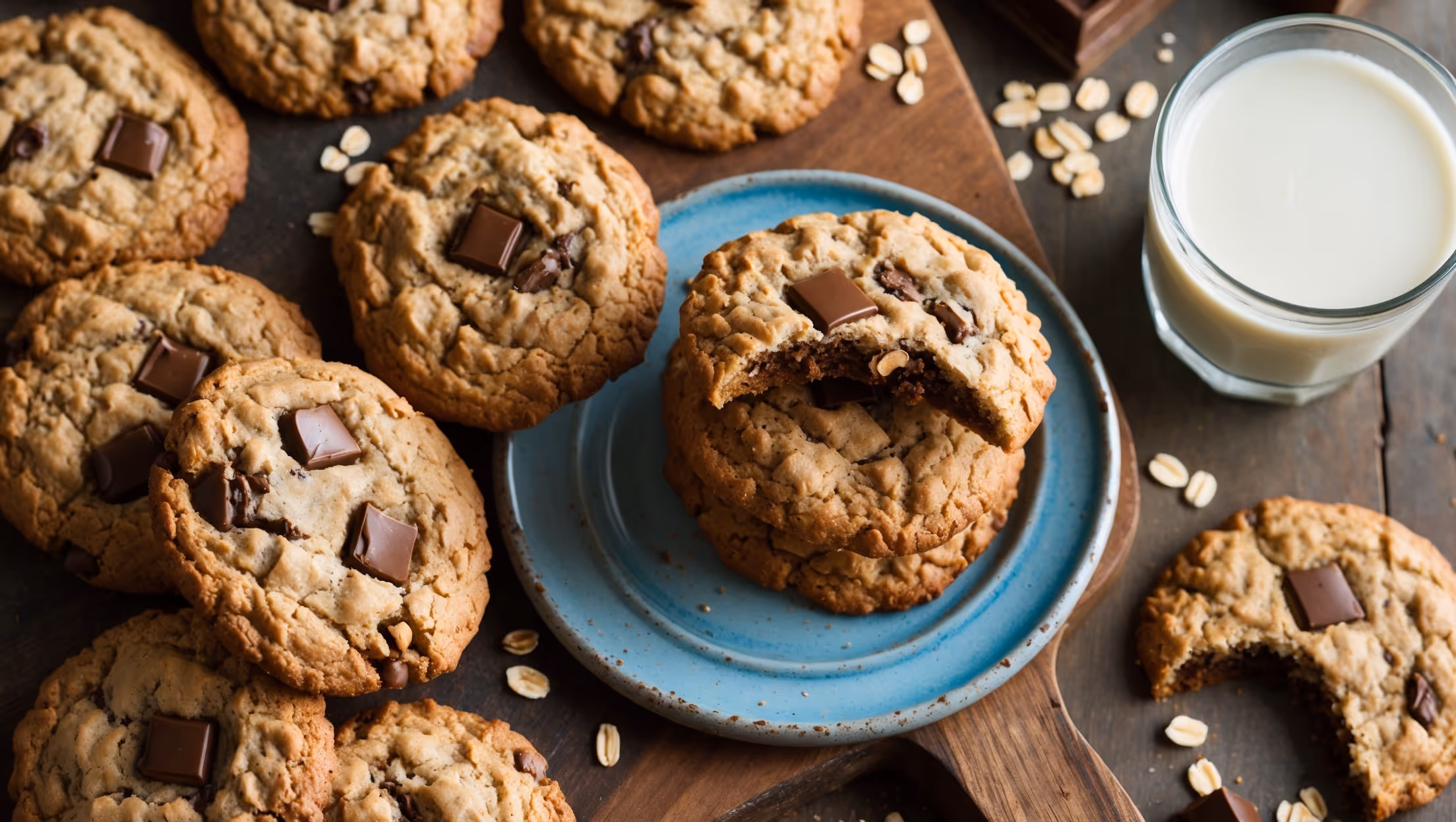 An overhead shot of freshly baked oatmeal chocolate chip cookies arranged in a casual pile on a rustic wooden board, with a few broken open to reveal their chewy centers and melting chocolate chunks. The cookies are photographed in soft natural light that highlights their golden-brown edges and textured surfaces from the oats. A vintage blue ceramic plate holds a perfectly stacked trio of cookies beside a half-filled glass of milk, while scattered oats and chocolate pieces create visual interest around the composition. The warm, inviting image captures the contrast between the cookies' crisp edges and soft centers, with visible specks of vanilla and the slight sheen from the brown sugar caramelization.