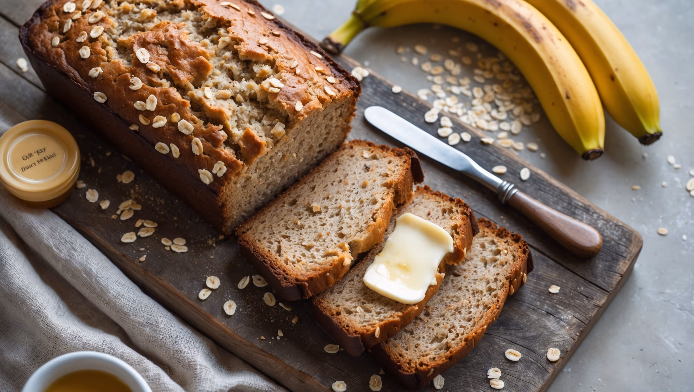 An overhead shot of a rustic loaf of oat flour banana bread, sliced to reveal its moist, tender crumb dotted with tiny speckles of banana and optional nuts. The bread rests on a weathered wooden cutting board, with soft natural light highlighting its golden-brown crust and slightly domed top. A few slices are arranged alongside the loaf, one topped with a thin spread of butter slowly melting into the warm bread. Scattered around the board are a couple of ripe bananas, a small jar of honey, and a sprinkle of rolled oats, all set against a neutral linen cloth that adds texture to the composition.