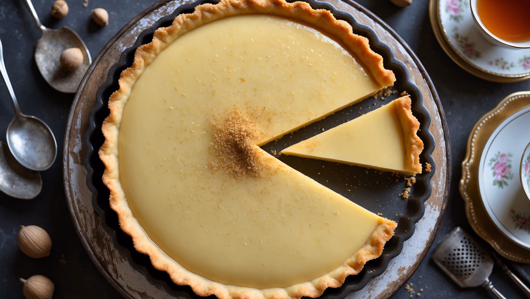 An overhead shot of a perfectly golden Nutmeg Custard Tart with a delicate dusting of freshly grated nutmeg creating a beautiful speckled pattern across its glossy surface. The flaky, butter-rich pastry edge contrasts beautifully with the silky, pale yellow custard filling that glistens under soft natural light. A single slice has been removed, revealing the perfect clean cut and luscious custard texture inside. The tart rests on a weathered wooden cake stand with vintage silver serving utensils nearby, while scattered whole nutmegs and a small grater suggest the key flavor element. A cup of tea in fine china adds a touch of elegance to this sophisticated yet comforting dessert scene.