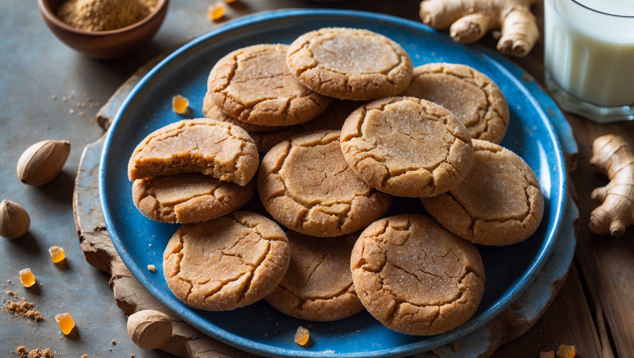 An overhead shot of rustic nutmeg ginger cookies arranged in a casual pile on vintage blue stoneware, with a few cookies broken to reveal their chewy centers. Soft natural light highlights the subtle sugar crystal coating that creates an appealing crackle pattern across each golden-brown surface. In the background, a small bowl of ground nutmeg and fresh ginger root hint at the aromatic spices within, while a glass of milk sits partially in frame. The warm amber tones of the cookies contrast beautifully with scattered whole nutmegs and crystallized ginger pieces decorating the weathered wooden serving board.