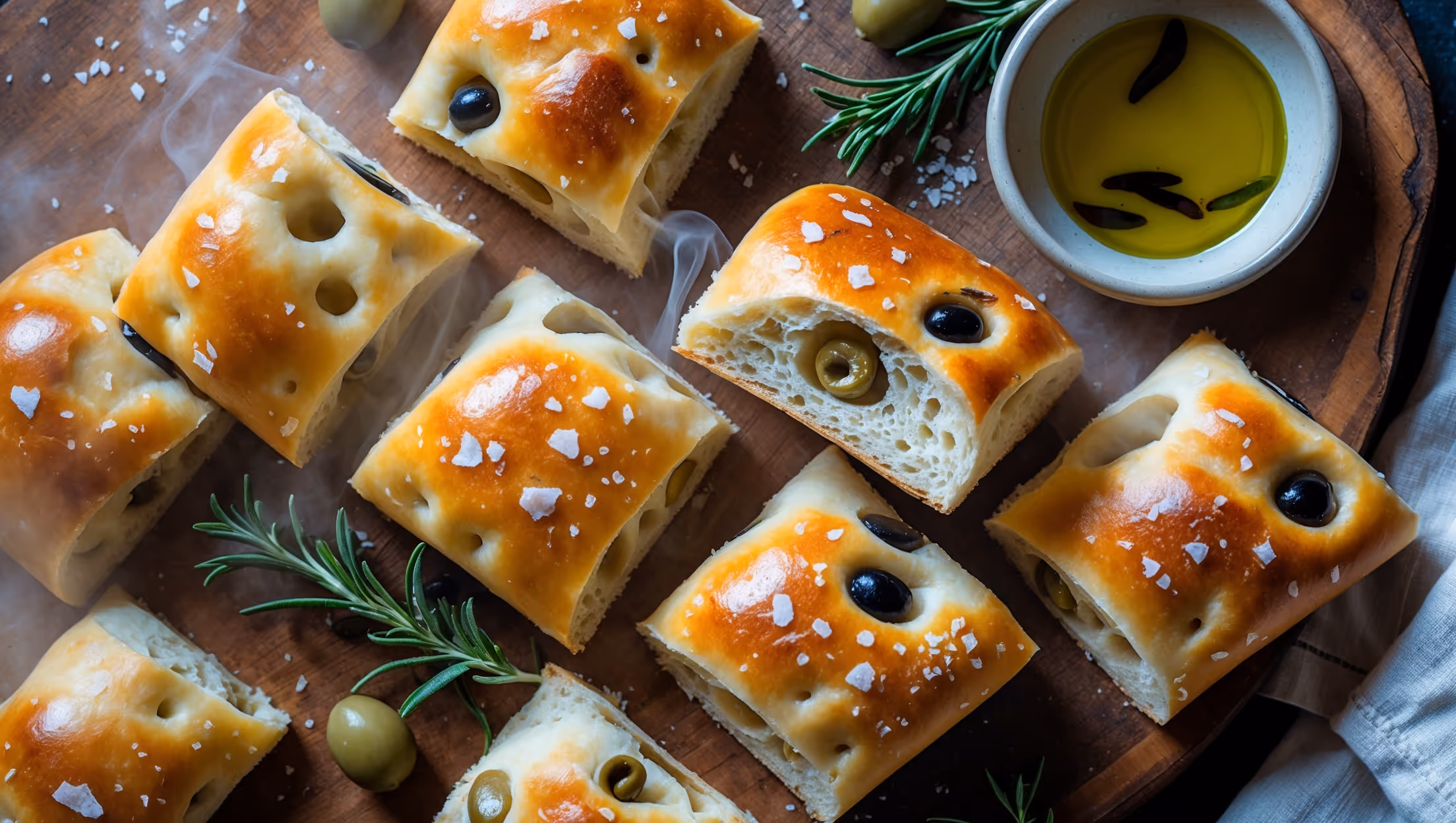 An overhead shot of golden-brown olive focaccia rolls arranged on a rustic wooden board, their dimpled surfaces glistening with olive oil and flaky sea salt. A cross-section reveals a light, airy interior studded with green and black olives. Soft natural light highlights the textural contrast between the crisp exterior and pillowy crumb within. Fresh rosemary sprigs and a small bowl of extra virgin olive oil sit alongside, while scattered olives and a linen napkin complete the Mediterranean-inspired composition. Steam visibly rises from a freshly torn roll, showcasing its warmth and inviting aroma.