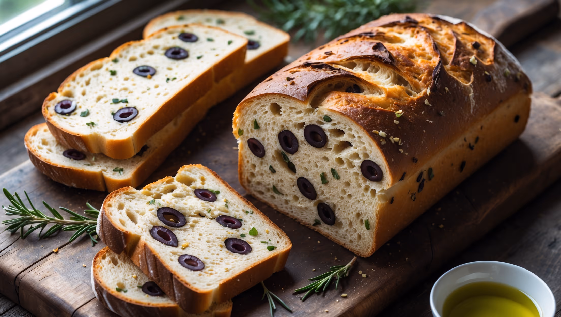 An overhead shot of a freshly sliced loaf of Olive Sandwich Bread on a rustic wooden cutting board, showcasing its golden-brown crust and interior studded with green and black olives. Soft natural light streams in from a nearby window, highlighting the bread's moist crumb and the glistening olive pieces throughout. A few slices are arranged alongside the loaf, revealing the perfect sandwich-ready texture and scattered herbs visible in the dough. Beside the board sits a small bowl of extra virgin olive oil and a sprig of fresh rosemary, enhancing the Mediterranean aesthetic. The contrast between the deep browns of the crust, the ivory crumb, and the purple-black and green olives creates a visually striking composition that showcases the bread's rustic elegance.