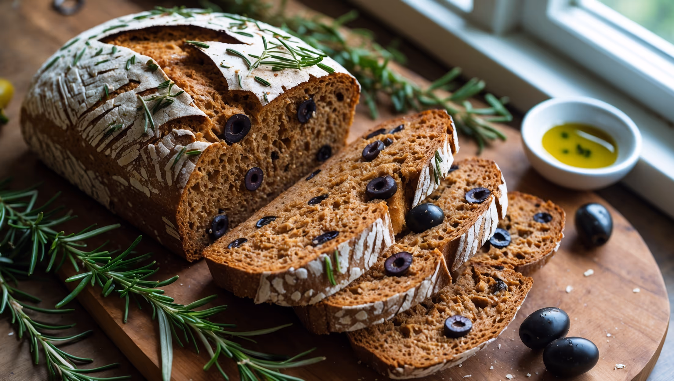 An overhead shot of a rustic Olive Rosemary Whole Grain Bread loaf resting on a wooden bread board, sliced to reveal a hearty brown crumb studded with glistening black olives and flecks of green rosemary. Soft natural light streams in from a nearby window, highlighting the bread's crackling crust dusted with flour and scattered herbs. Surrounding the loaf are sprigs of fresh rosemary, a small bowl of extra virgin olive oil, and a few scattered whole olives, creating a Mediterranean tableau. The contrast between the dark olives, aromatic herbs, and nutty-colored whole grain crumb showcases the bread's rustic appeal and artisanal quality.