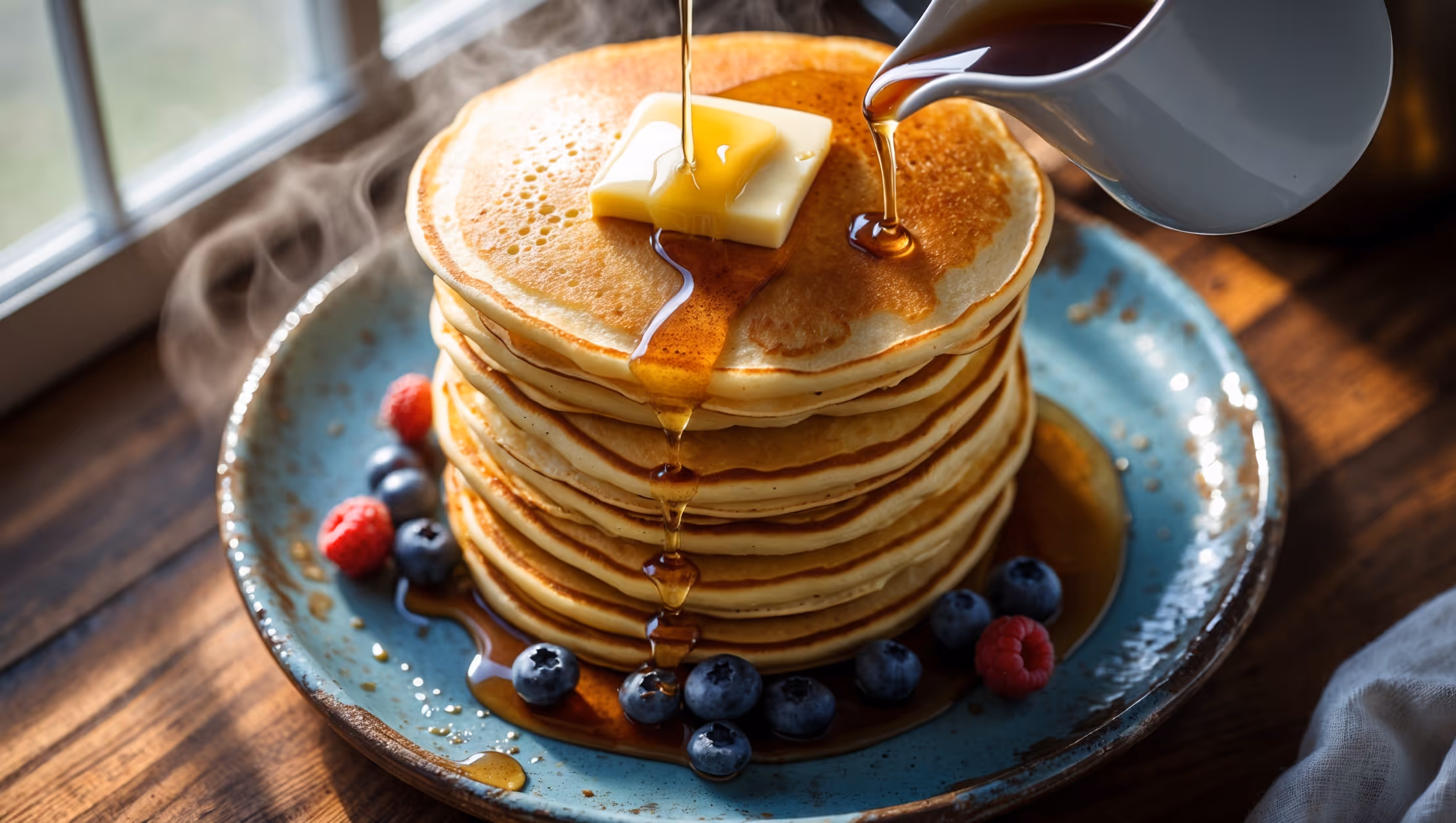 An overhead shot of a tall stack of golden-brown pancakes on a rustic ceramic plate, with butter melting down the sides and maple syrup being drizzled from a small pitcher. The pancakes have visible, fluffy edges and a perfect golden-brown color with subtle bubbles on their surface. A scattering of fresh berries surrounds the stack, adding pops of vibrant color against the warm tones of the pancakes. The scene is captured in soft morning light streaming through a kitchen window, highlighting the steam rising from the freshly cooked stack and the glossy surface where syrup pools on the plate.