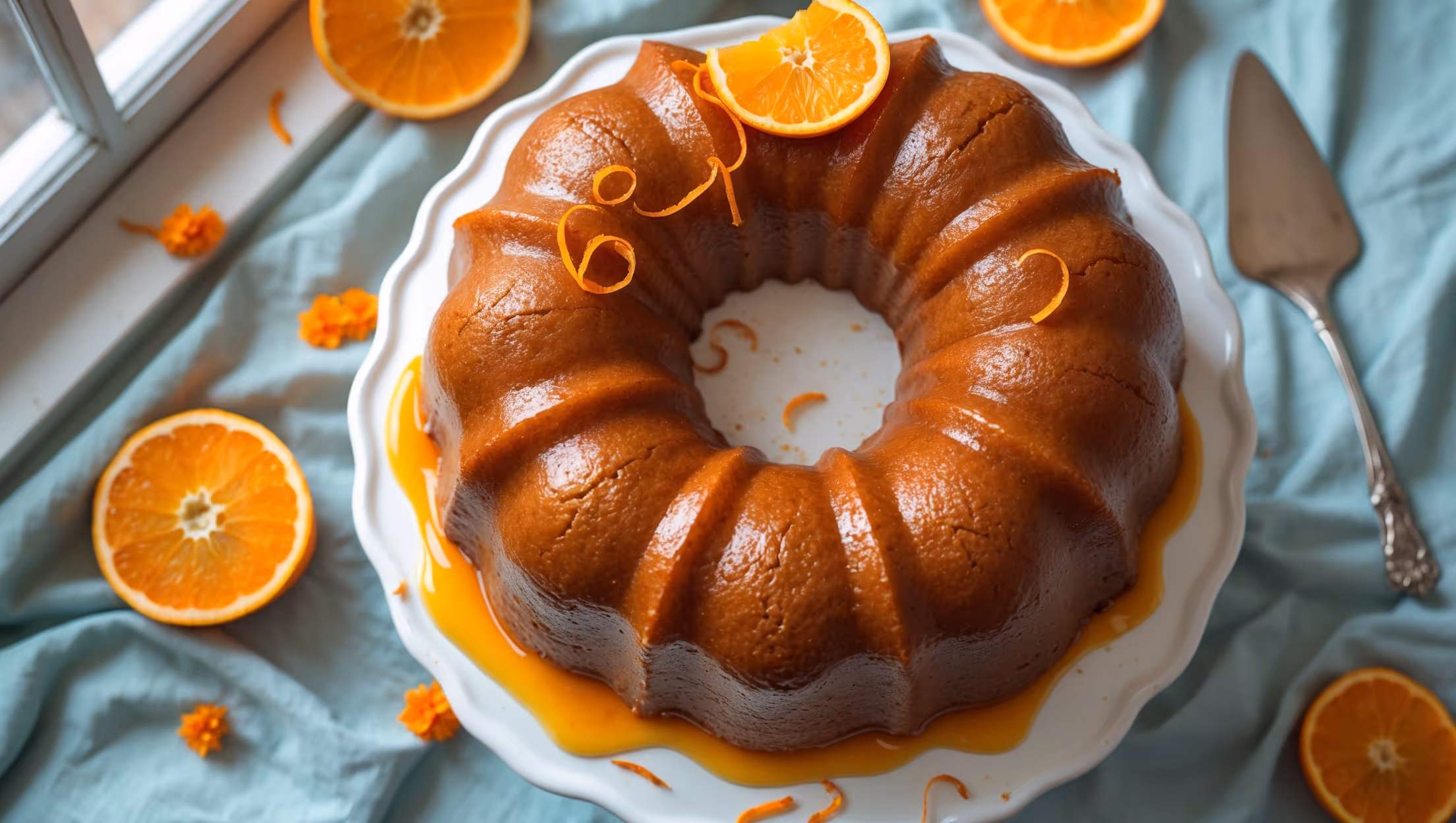 An overhead shot of a golden-brown Orange Bundt Cake on a white ceramic cake stand, its deeply grooved pattern glistening with translucent orange glaze that pools elegantly at the base. Slices of fresh orange and delicate orange zest curls adorn the top, adding vibrant color contrast. Shot in soft natural light streaming through a window, highlighting the cake's moist, tender crumb visible in a cut slice nearby. The scene is completed with scattered orange blossoms and a vintage silver cake server, all arranged on a pale blue linen tablecloth that complements the orange tones.