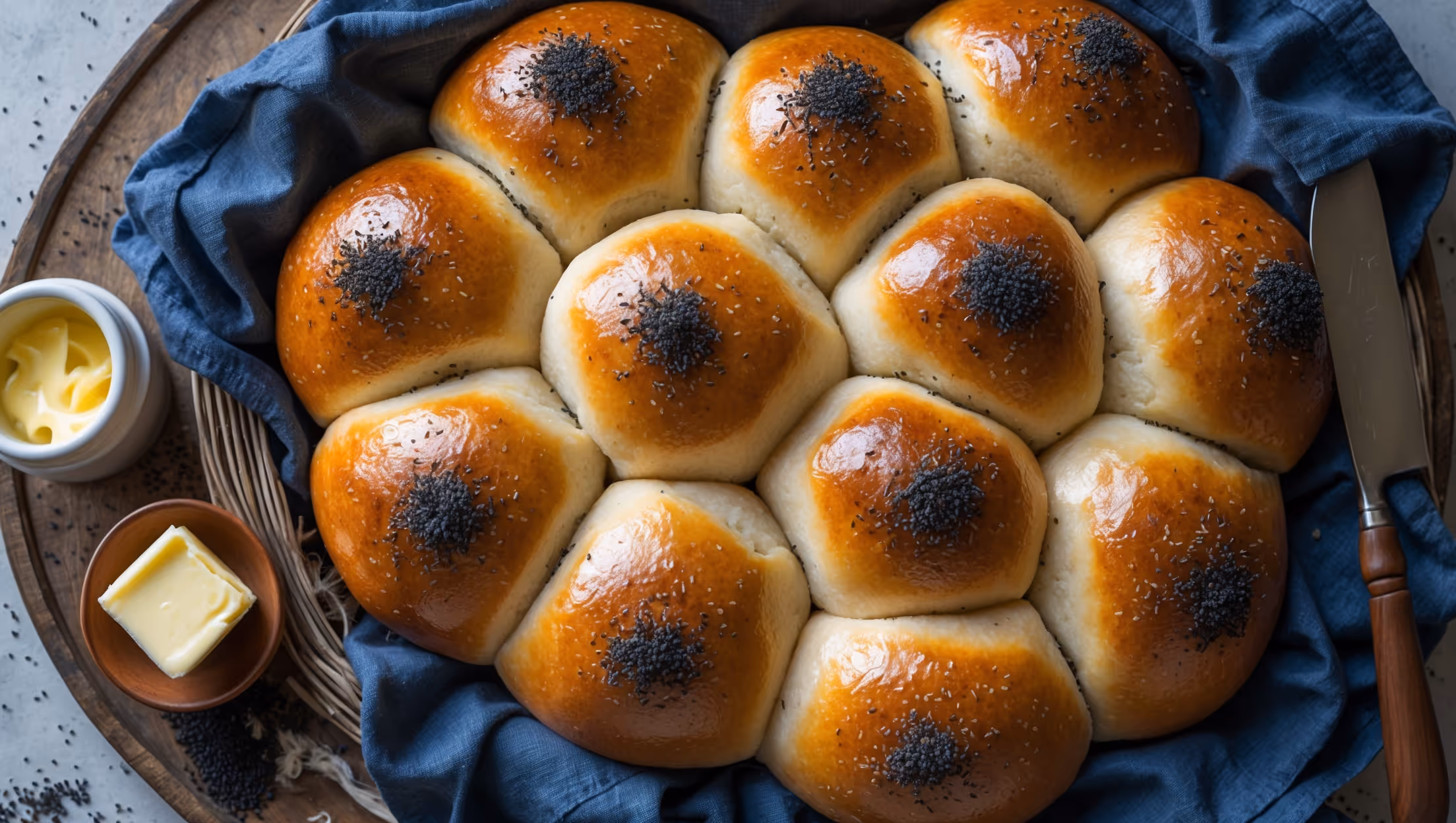 Overhead shot of golden-brown Onion Poppy Seed Rolls arranged in a rustic bread basket lined with a navy linen cloth. A cross-section view reveals a soft, pillowy interior with flecks of caramelized onions throughout. The rolls' domed tops glisten in the soft natural light streaming through a kitchen window, highlighting the generous sprinkling of black poppy seeds against the amber crust. A small ramekin of butter with a wooden knife sits alongside, with a few scattered poppy seeds and dried onion flakes artfully placed on the weathered wooden serving board to emphasize the key ingredients.