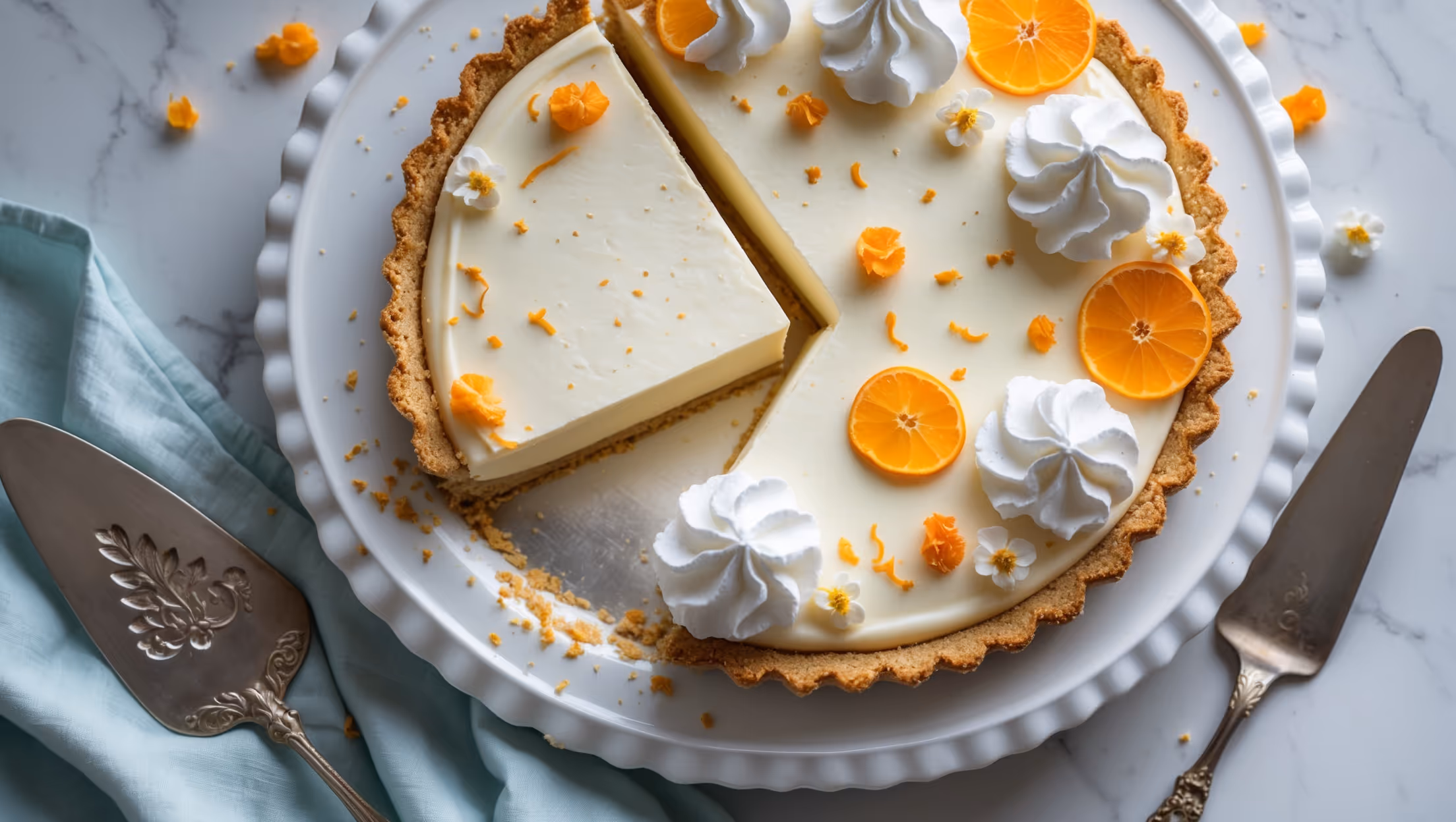 An overhead shot captures this elegant cream pie on a white ceramic cake stand, with a perfect wedge cut to reveal its three distinct layers - golden graham crust, pale ivory orange blossom custard filling, and cloud-like whipped cream topping. Soft natural light highlights the delicate orange zest curls and crystallized edible flowers scattered across the surface, while droplets of honey glisten on the decorative orange slices arranged around the edges. The cross-section shows the perfect consistency of the filling - firm enough to hold its shape when sliced but luxuriously creamy. A vintage silver cake server rests beside the pie, atop a powder blue linen napkin that complements the subtle floral notes of the dessert.