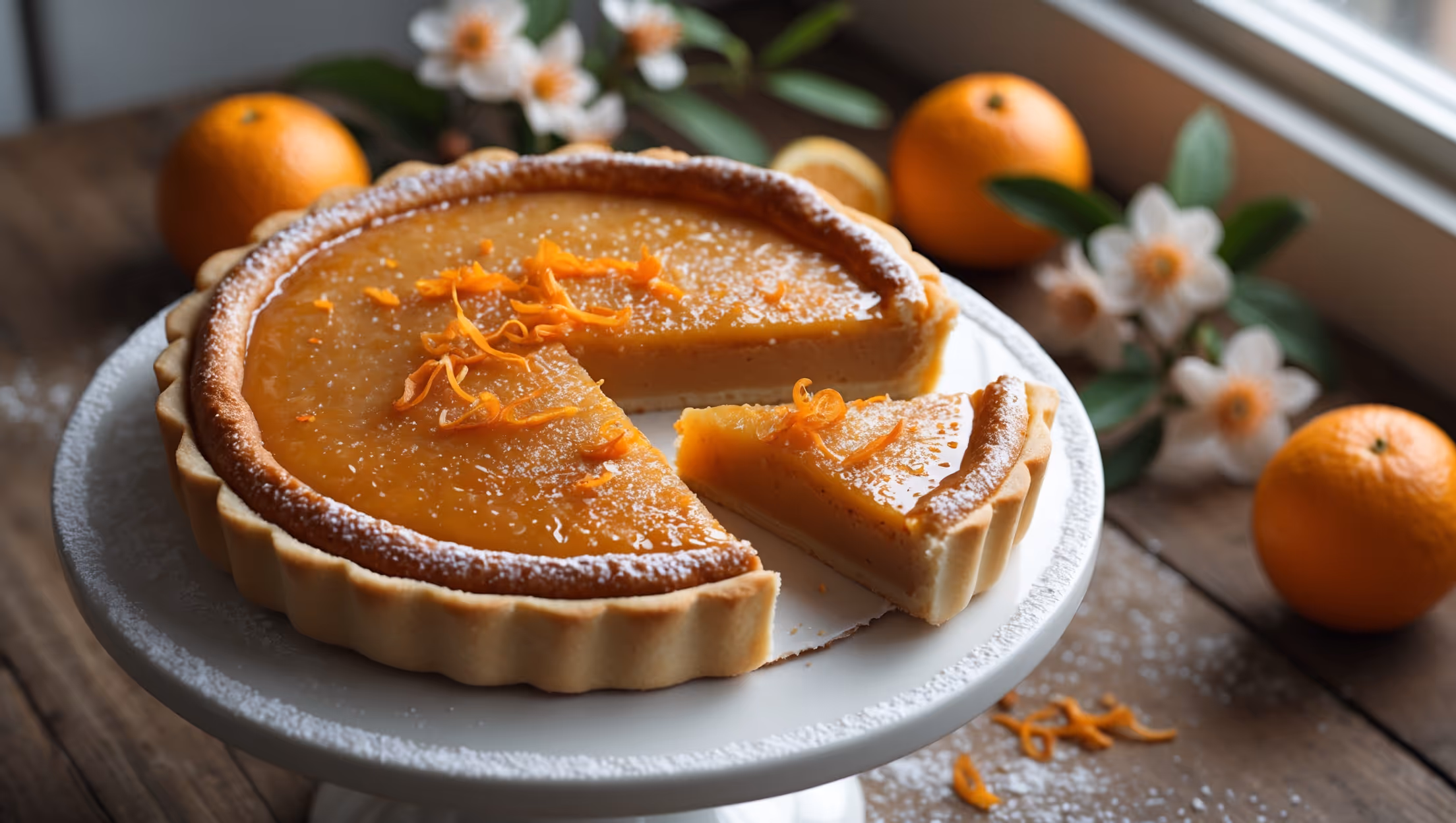 An overhead shot of the golden-brown tart on a white ceramic cake stand, with a slice being removed to reveal the moist almond filling studded with orange zest. Soft natural light streams through a nearby window, highlighting the glossy sheen of the orange glaze and the perfectly toasted almond slivers scattered across the top. In the background, sprigs of fresh orange blossoms and whole oranges create context, while a dusting of powdered sugar adds dimension. The crust shows a clean, precise edge against the rustic wooden table, with the warm amber tones of the filling contrasting beautifully with the pale pastry.