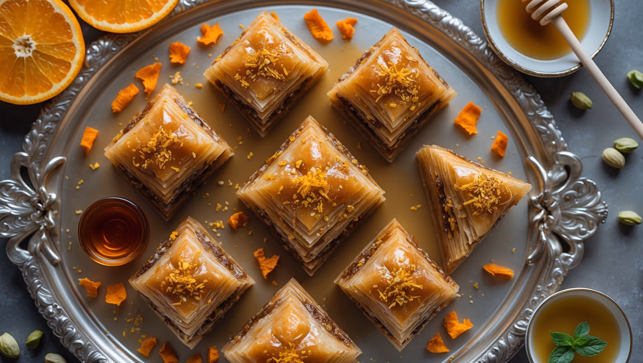 An overhead shot of diamond-shaped baklava pieces arranged on an ornate silver platter, with soft natural light highlighting the glistening honey syrup and layered texture. A close-up reveals the delicate golden-brown phyllo layers and rich nut filling speckled with orange zest. The styling features scattered pistachios, a small bowl of honey with a wooden dipper, and fresh orange blossoms adding authenticity. Orange slices and a small glass of mint tea complete the composition, creating a Mediterranean ambiance that showcases the baklava's flaky texture and amber-hued syrup pooling at the edges.