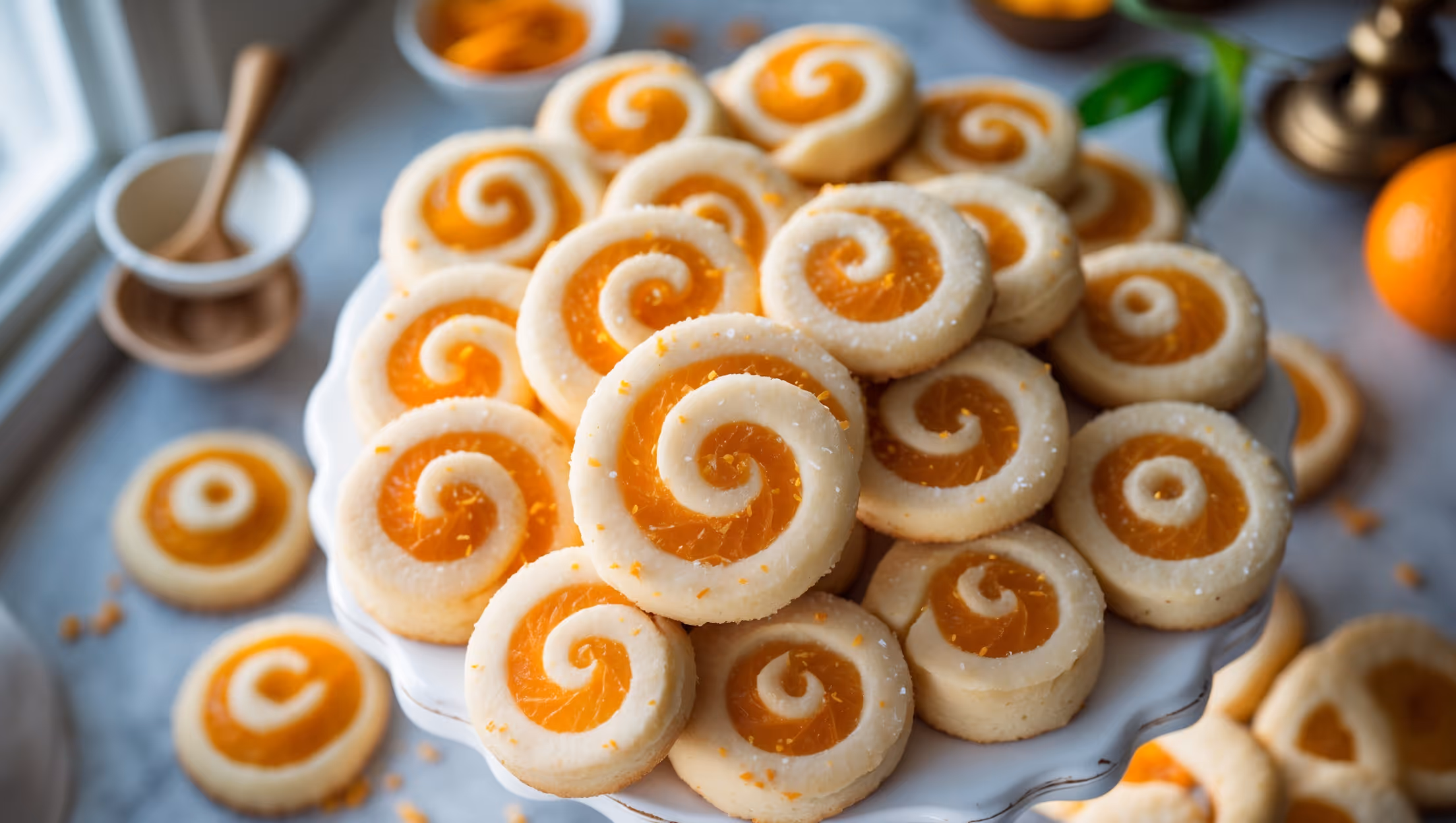 Overhead shot of spiral orange pinwheel cookies arranged in a circular pattern on a white ceramic cake stand, with some cookies stacked to show their perfect swirl pattern. Soft natural light streams in from a side window, highlighting the golden edges and vibrant orange-flecked centers. A small bowl of fresh orange zest, a halved orange, and a vintage citrus juicer sit artfully in the background. Close-up details reveal the delicate sugar crystals sparkling on the surface of each cookie, while the light catches the tiny orange zest flecks embedded throughout the dough. The contrast between the white vanilla dough and orange-tinted filling creates an eye-catching spiral that invites viewers to reach for a cookie.