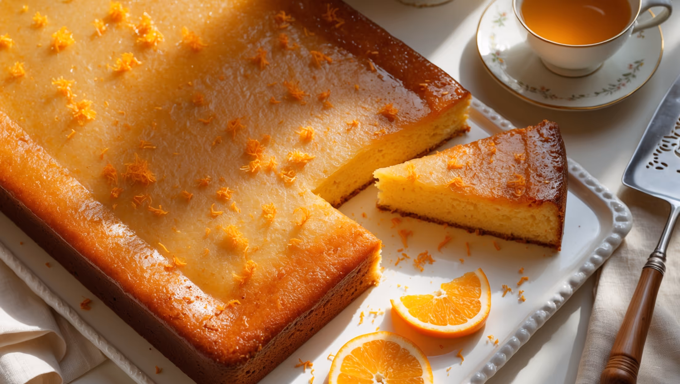 An overhead shot of a golden-orange sheet cake, with a glistening translucent glaze catching the soft afternoon light. A corner piece has been cut to reveal the cake's tender, moist crumb specked with vibrant orange zest. The cake sits on a white ceramic rectangular platter adorned with fresh orange slices and a scattering of additional zest. A vintage cake server rests alongside, ready to portion the next slice. In the background, a steaming cup of tea and a linen napkin suggest a perfect afternoon treat. The warm, inviting scene showcases the cake's perfect rise and even texture.
