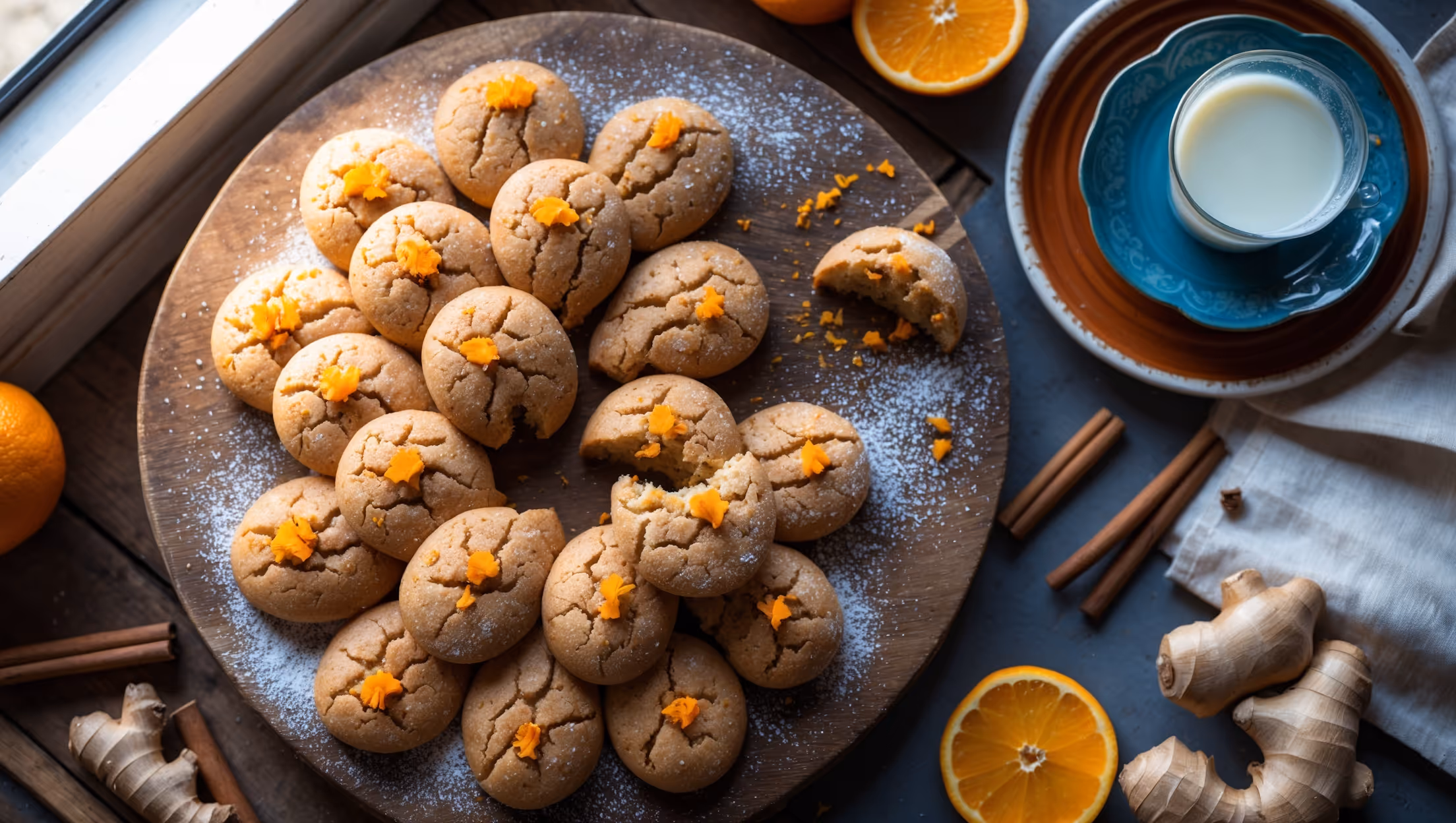 An overhead shot of golden-brown Orange Ginger Cookies arranged in a spiral pattern on a rustic wooden serving board, with a few cookies broken to reveal their tender, speckled interior. Soft natural light streams through a nearby window, highlighting the sugary, crackled tops and the vibrant flecks of orange zest scattered throughout. In the corner, a vintage blue ceramic plate holds a small stack, accompanied by a glass of milk and a linen napkin. Scattered cinnamon sticks, fresh ginger root, and orange slices create visual context around the arrangement, while a dusting of powdered sugar adds dimension to these aromatic, spice-infused treats.