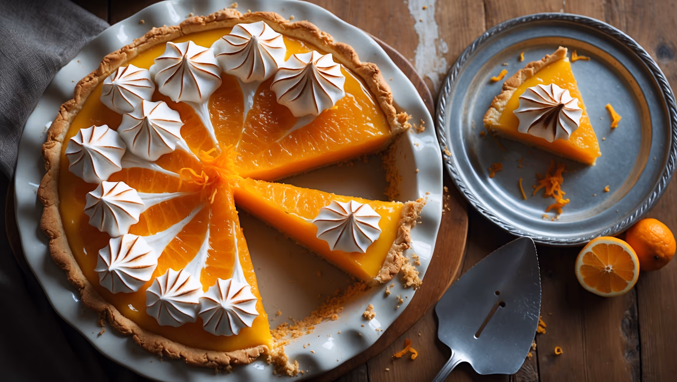 An overhead shot captures a perfectly sliced orange meringue pie, revealing the three distinct layers - golden shortcrust pastry, vibrant orange filling, and peaks of caramelized meringue. The pie sits on a vintage ceramic stand against a rustic wooden table, with soft afternoon light highlighting the glossy, amber-colored curd. A scattering of fresh orange zest and a few orange segments provide color contrast, while a silver serving piece rests nearby. The meringue's toasted swirls show expert browning, with wisps of steam still visible from being freshly baked.