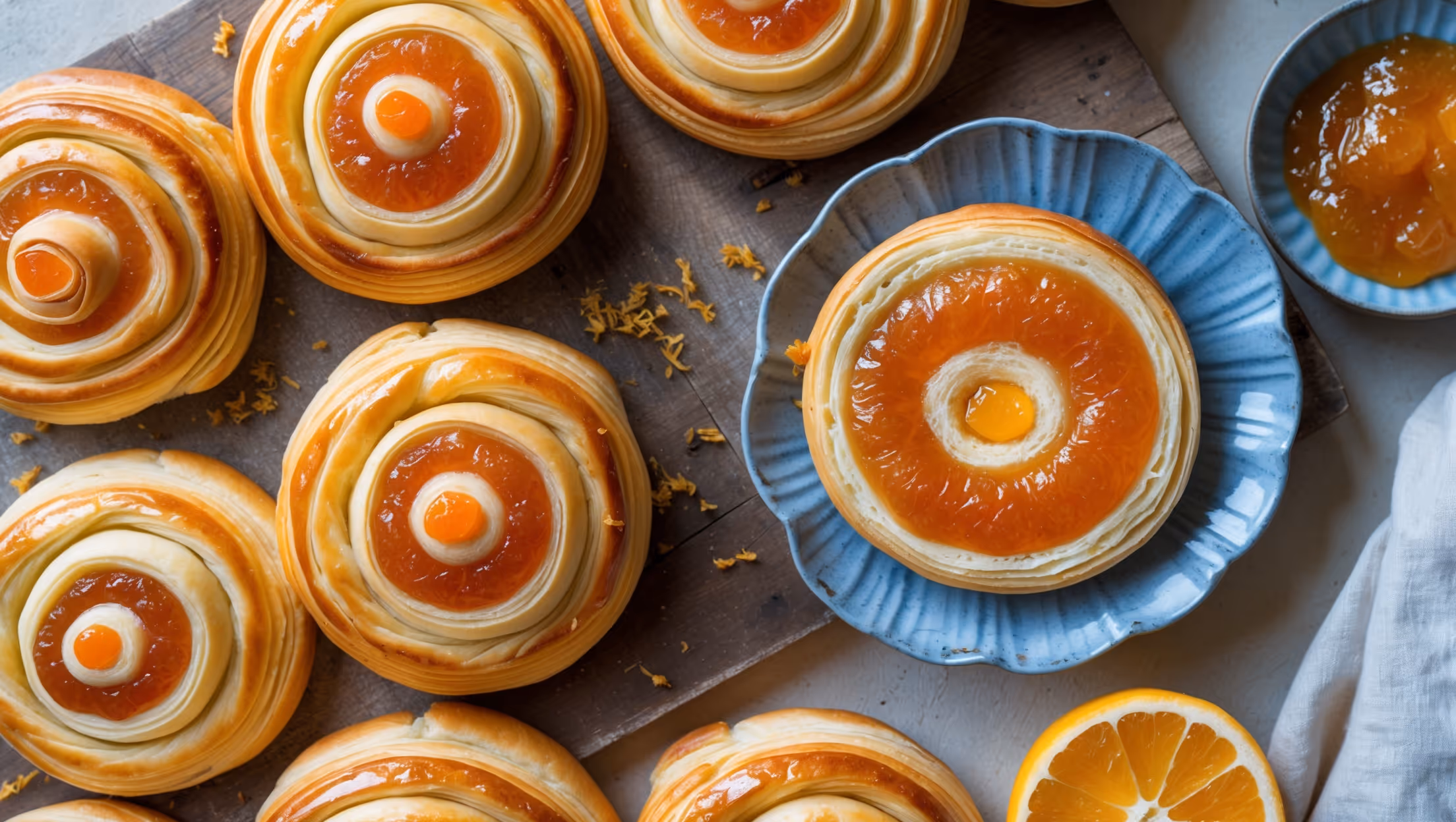 An overhead shot captures rows of golden-brown Danish pastries, their spiraled layers glistening under soft natural light. A close-up reveals the flaky, laminated dough with visible butter layers and caramelized edges, while orange marmalade creates amber jewel-like centers that catch the light. A drizzle of white citrus glaze creates artistic patterns across the pastries, with tiny flecks of orange zest adding bright color contrast. Several pastries are arranged on a weathered wooden board beside a vintage blue ceramic plate holding a single cross-sectioned Danish, revealing its delicate interior layers and jammy center. A small bowl of extra orange marmalade and a halved fresh orange sit nearby, reinforcing the citrus theme against a neutral linen background.