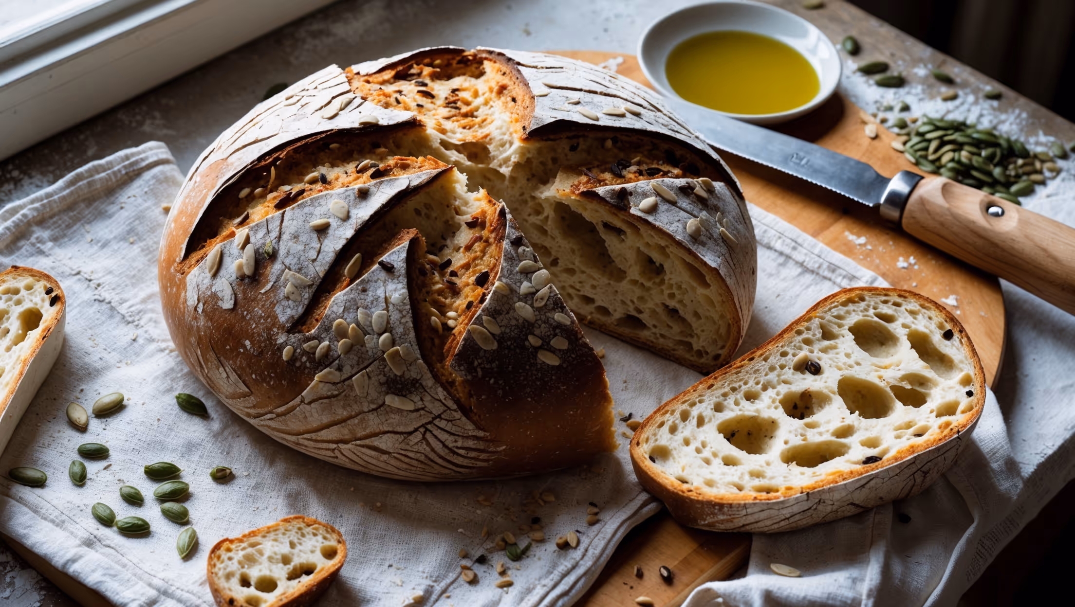An overhead shot of a rustic round loaf with a deep caramel-colored crust split naturally along its scored top, revealing pockets of seeds throughout. Sliced portions in the foreground display an open, irregular crumb structure with visible flecks of various seeds embedded throughout the creamy interior. The bread rests on a flour-dusted linen cloth atop a wooden cutting board, with scattered whole seeds artfully arranged nearby. Natural window light casts gentle shadows that highlight the bread's textural contrast between the crackling crust and tender interior, while a vintage bread knife and small dish of olive oil complete the artisanal presentation.