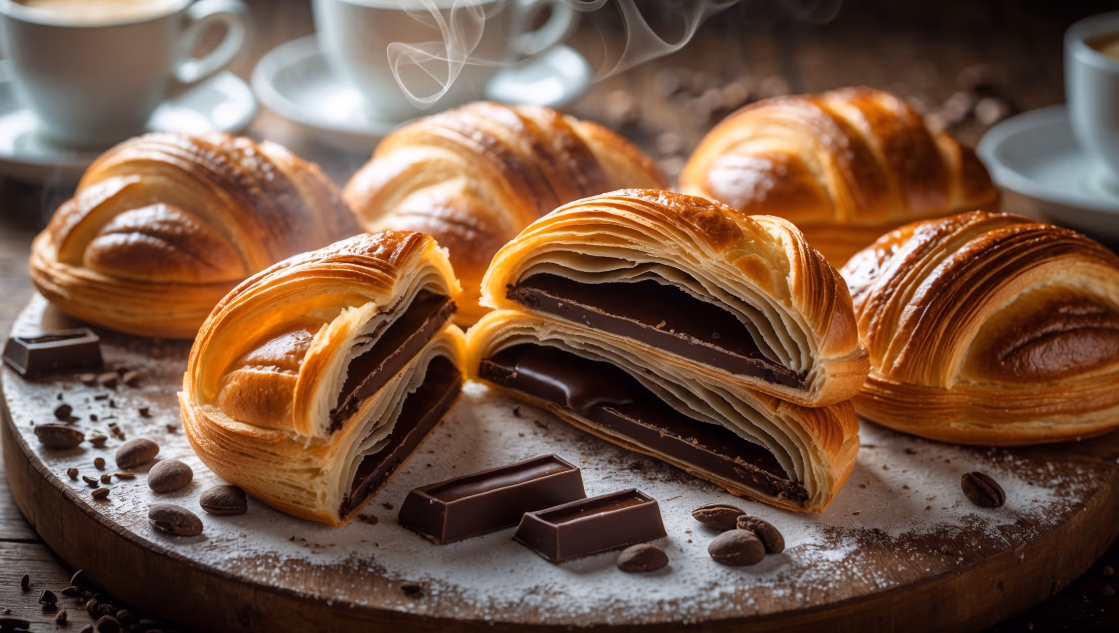 An overhead shot showcases a basket of freshly baked pain au chocolat, their golden-brown surfaces glistening under soft morning light. A cross-section view reveals the dramatic contrast between crisp, flaky layers and dark chocolate centers that have melted to perfection. The pastries rest on a rustic wooden board dusted with flour, with scattered cocoa nibs and a few chocolate batons adding context. Steam visibly rises from one broken pastry, emphasizing freshness, while the background shows blurred espresso cups suggesting the perfect pairing. The lighting captures the intricate honeycomb structure of the laminated dough, highlighting the technical achievement of perfect layers created through the meticulous folding process.