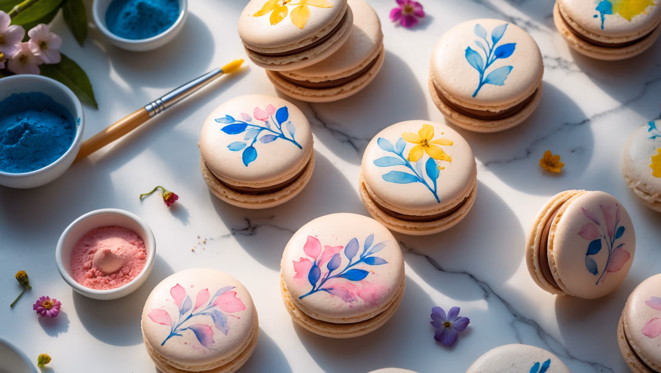 An overhead shot of artfully arranged painted macarons on a white marble surface, showcasing their perfect round shells decorated with delicate watercolor-style botanical designs in soft pink, blue, and yellow natural food colorings. A close-up reveals the intricate brushstrokes against the smooth macaron shells, while another angle captures the perfect "feet" and creamy ganache filling peeking from between the cookie sandwiches. Golden afternoon light streams across the scene, illuminating small dishes of natural food coloring powders, tiny paintbrushes, and scattered edible flowers that complement the artistic presentation. The vibrant colors pop against the neutral backdrop, highlighting the handcrafted nature of these elegant French pastries.