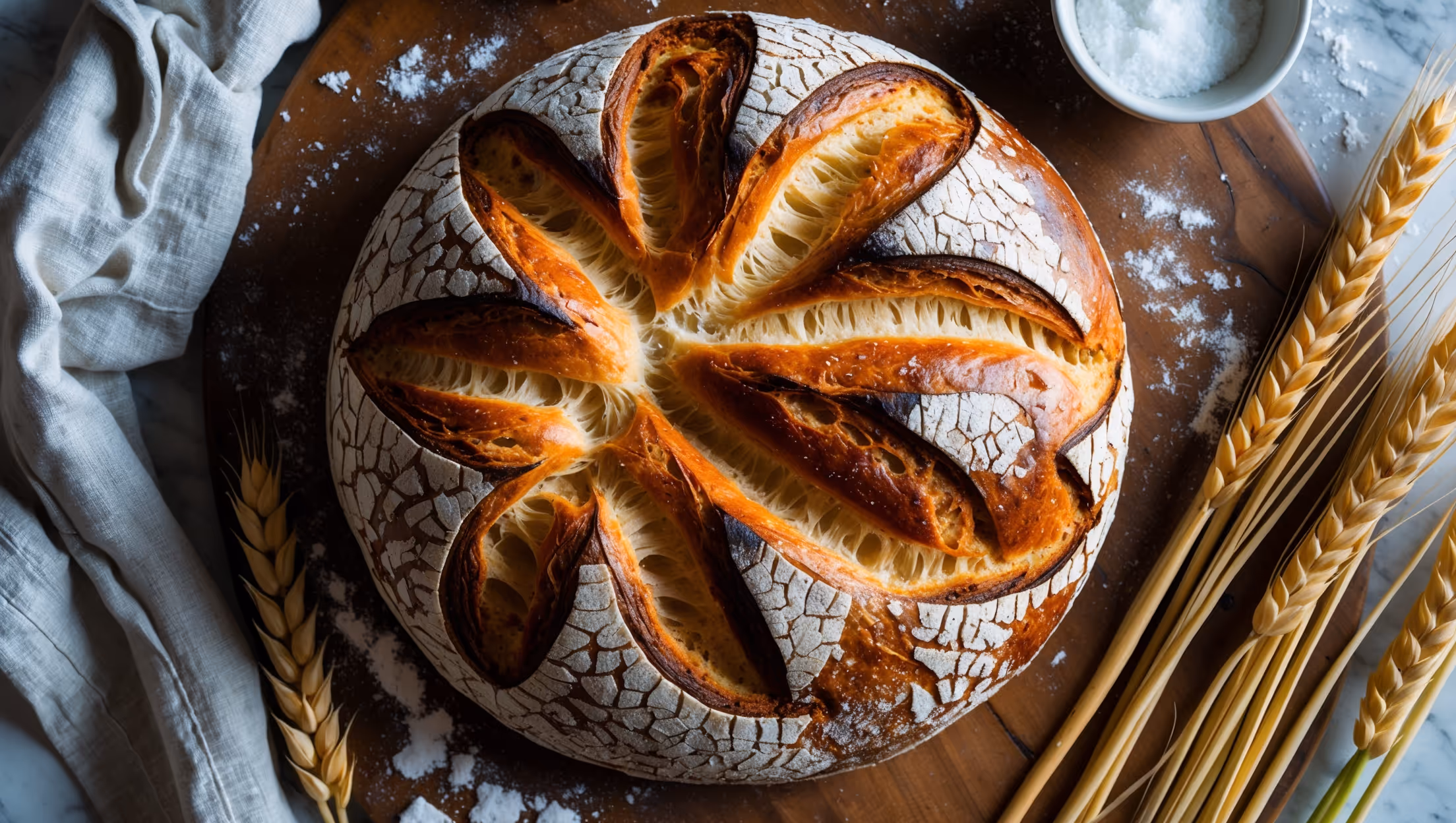 An overhead shot of a magnificent Pain au Levain loaf with its caramelized crust displaying dramatic scoring patterns that have bloomed during baking. The bread sits on a rustic wooden board dusted with flour, with natural window light highlighting the crust's burnished amber tones and crackling texture. A cross-section reveals an open, irregular crumb structure with translucent cell walls that signal proper fermentation. Scattered around the base are wheat stalks and a small bowl of sea salt, emphasizing the bread's artisanal nature. A linen towel peeks into frame, suggesting the traditional proofing method used in creating this sourdough masterpiece.