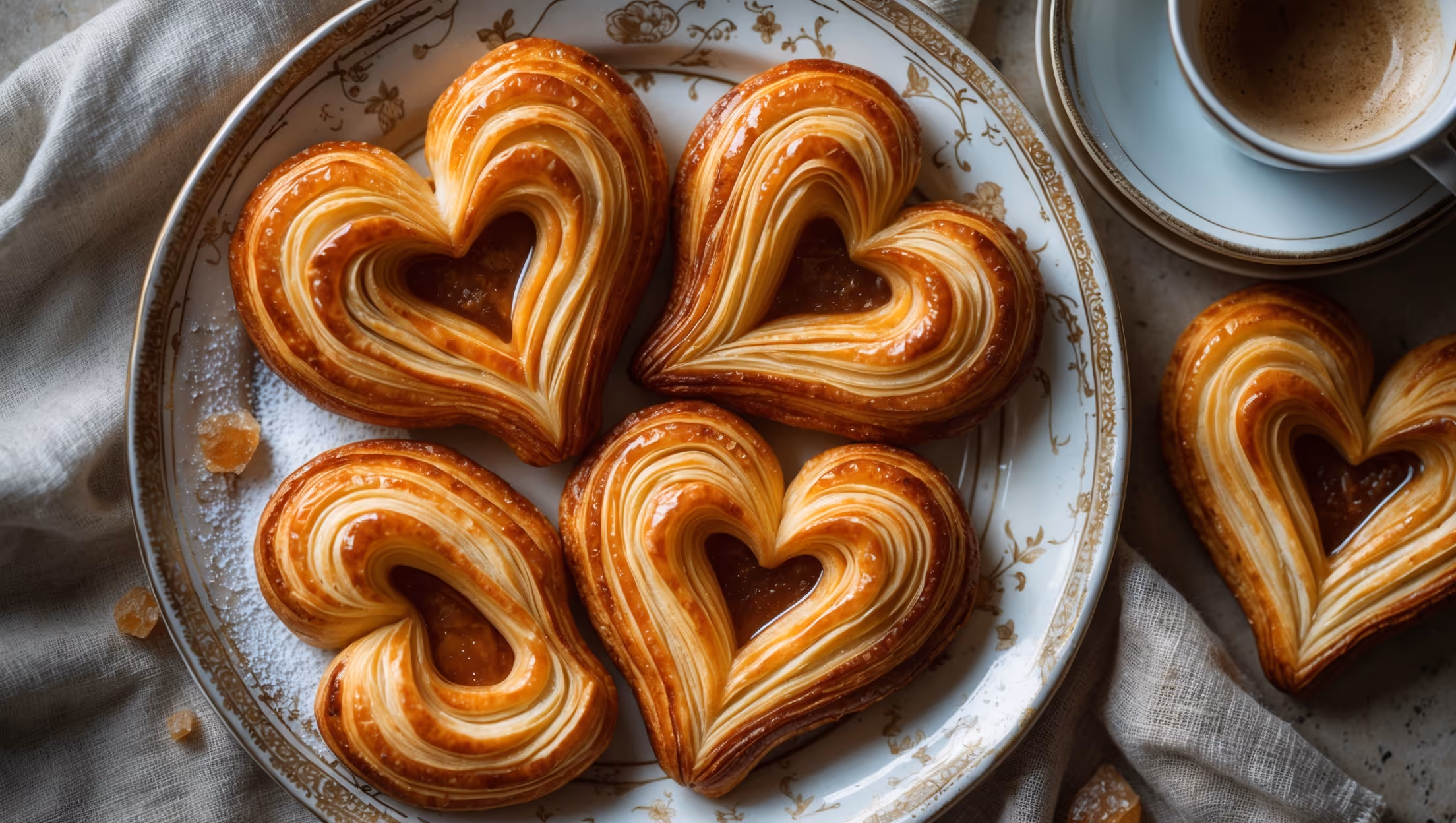 An overhead shot of golden-brown palmiers arranged on a vintage French porcelain plate, their distinctive heart shapes showcasing multiple flaky layers and caramelized edges glistening in soft natural light. A close-up reveals the intricate honeycomb texture of the puff pastry, with sugar crystals that have melted into a glossy amber finish. The palmiers rest on a rustic linen napkin beside a small espresso cup, with a dusting of powdered sugar and a few scattered raw sugar crystals adding visual texture and highlighting the pastry's elegant simplicity.