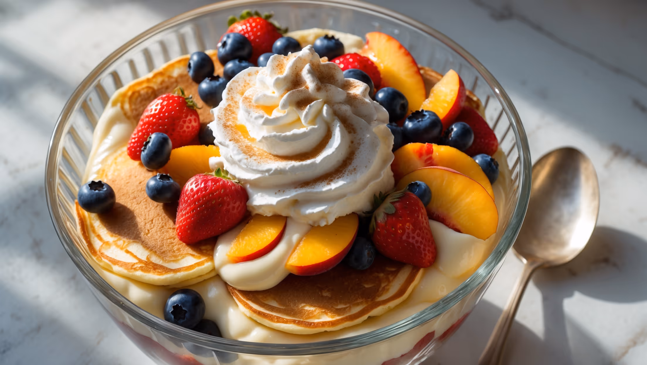 Overhead shot of a clear glass trifle bowl showcasing distinct, colorful layers - golden pancake rounds, vibrant sliced strawberries, blueberries, and peaches, pale yellow vanilla custard, and billowing whipped cream topped with a light dusting of cinnamon and maple syrup drizzle. Soft natural light streams in from the side, highlighting the glossy berries and creating subtle shadows that emphasize the textural contrast between the fluffy pancakes and creamy components. A vintage silver spoon rests alongside, partially dipped into the dessert, revealing the beautiful cross-section of all layers.