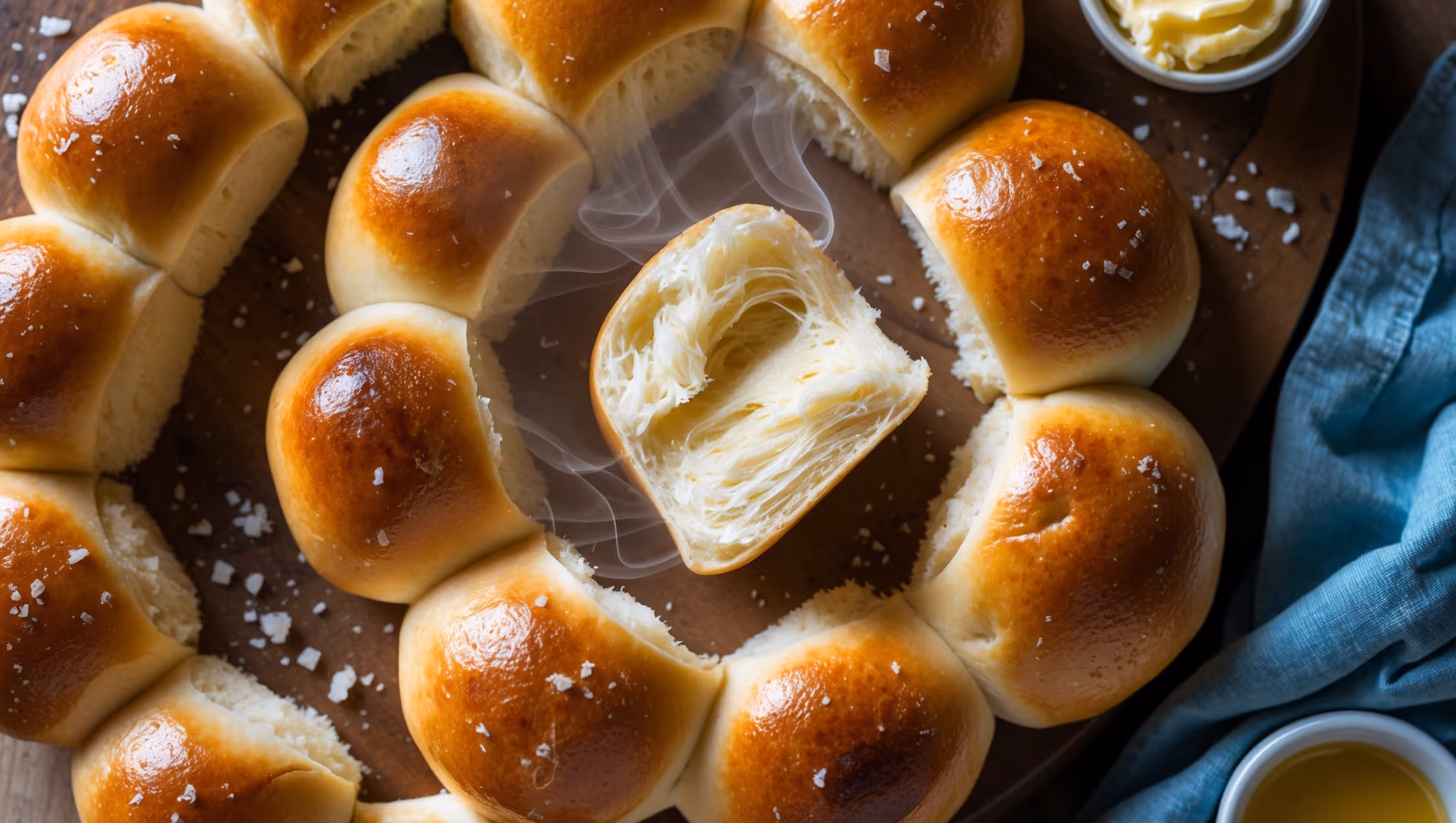 Overhead shot of freshly baked Parker House Rolls arranged in concentric circles on a rustic wooden board, their golden-brown tops glistening with melted butter under soft natural light. A cross-section view reveals the delicate, pull-apart interior structure with a tender crumb and distinctive fold. Steam gently rises from a roll being pulled apart, exposing the fluffy interior contrasting with the burnished exterior. Scattered flakes of sea salt catch the light, while a vintage blue linen napkin and small ramekin of honey butter sit alongside, suggesting the perfect pairing for these classic dinner rolls.