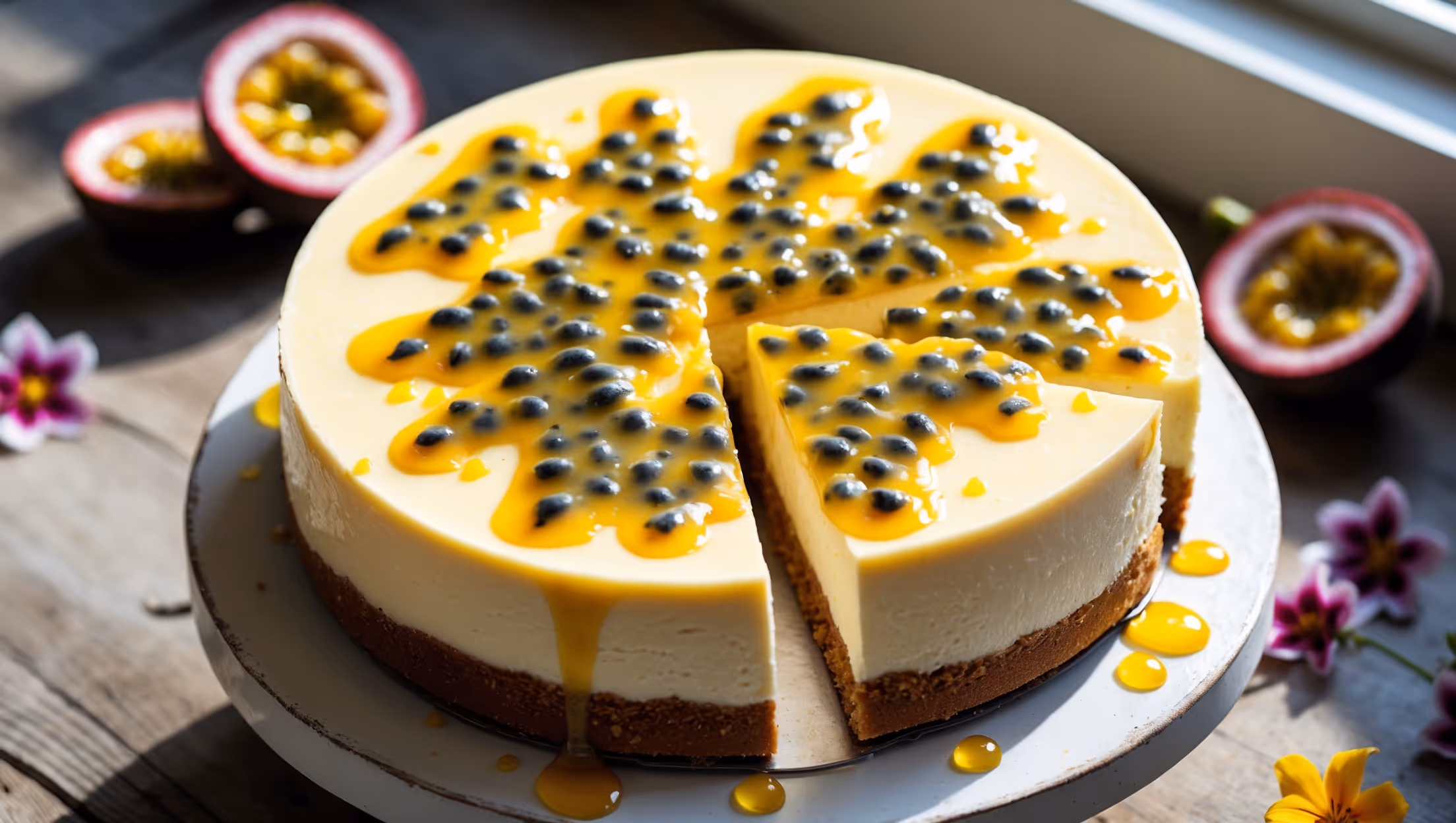 An overhead shot of a perfectly sliced passion fruit cheesecake, its smooth cream-colored surface adorned with a glossy passion fruit glaze that catches soft natural light streaming from a nearby window. The cross-section reveals a velvety, dense texture complemented by a golden-brown biscuit base. Fresh passion fruit halves surround the cheesecake, their vibrant orange-yellow flesh and distinctive black seeds creating dramatic color contrast against a white ceramic cake stand. Droplets of passion fruit syrup cling to the sides of the slice, while a few edible flowers scattered on the rustic wooden serving board add an elegant touch, emphasizing the dessert's tropical essence.