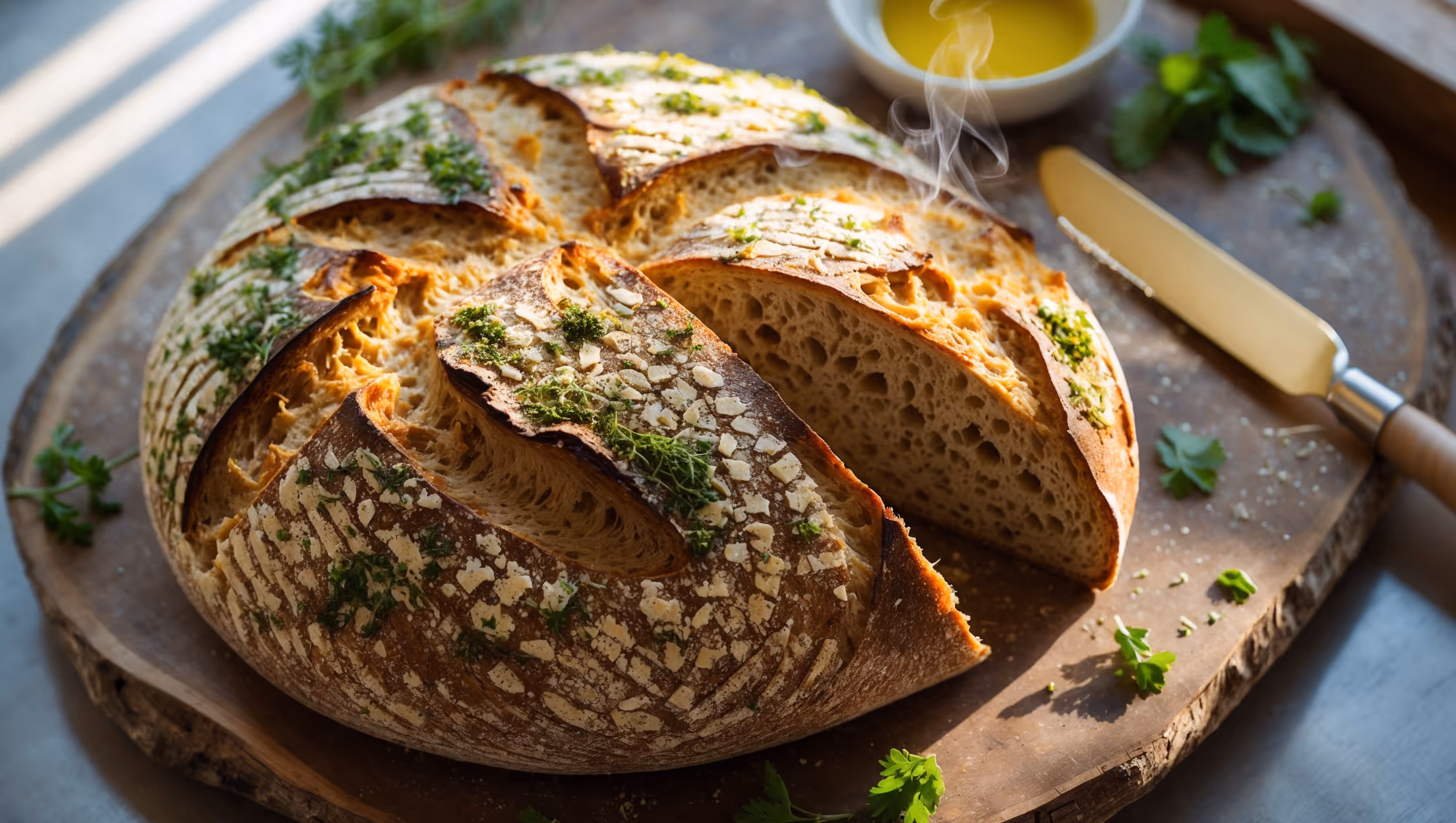 An overhead shot of a freshly baked round loaf of Parmesan Herb Whole Wheat Bread on a rustic wooden board, with a cross-section slice revealing the hearty texture studded with vibrant green herbs and pockets of melted cheese. The bread's crust is deeply golden and dusted with additional Parmesan and herbs, catching the soft natural light streaming through a kitchen window. A small dish of olive oil, a butter knife, and scattered fresh herbs add context around the bread, while the crumb texture shows perfect air pockets throughout the wholesome wheat interior. Steam rises gently from the just-cut slice, emphasizing its freshness and inviting aroma.