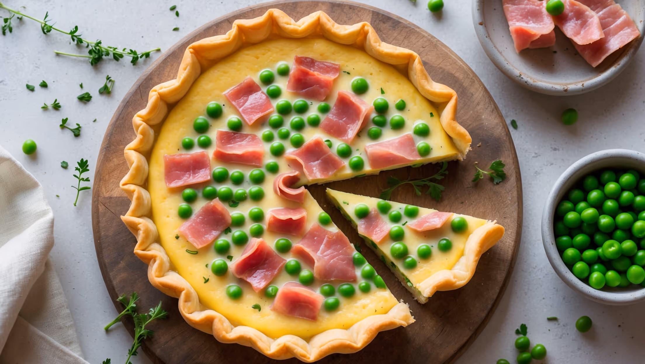 An overhead shot of a golden-brown Pancetta and Pea Quiche, its flaky shortcrust pastry edge creating a decorative border around the custard filling. The cross-section reveals glistening pieces of pink pancetta and bright green peas suspended in the creamy yellow custard. Photographed in soft natural light on a rustic wooden board with scattered fresh herbs and a small bowl of additional peas nearby. A slice has been removed to showcase the perfect clean cut with visible layers of filling and pastry base, hinting at the delicate texture and savory aroma that characterizes this classic French-inspired tart.