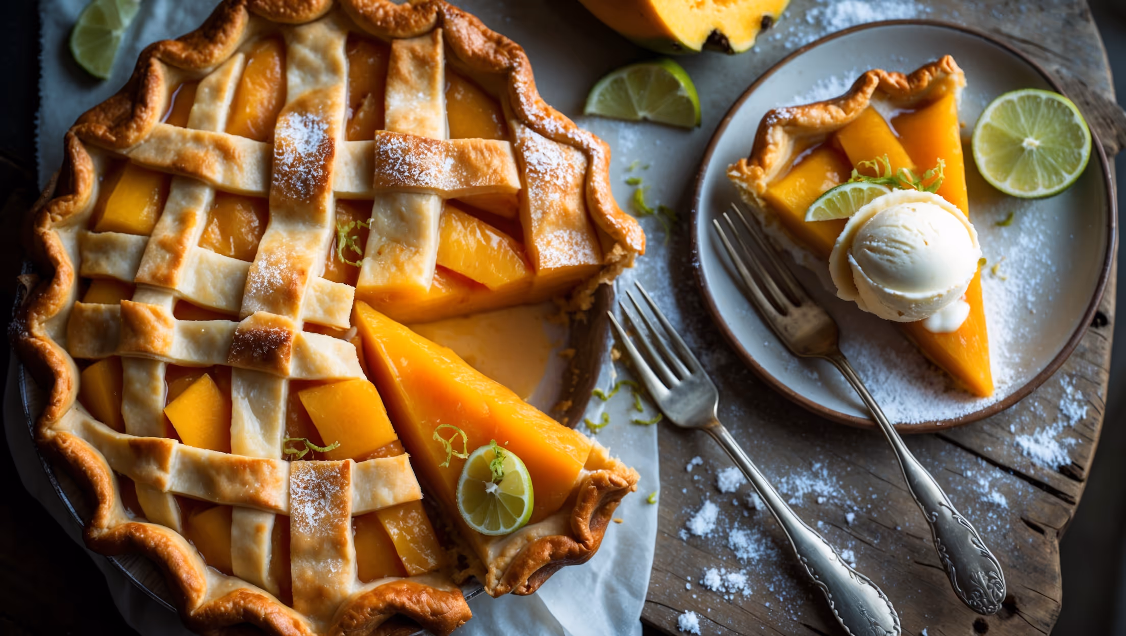 An overhead shot of a golden-brown papaya pie with lattice crust showcases the vibrant orange-peach filling peeking through. A slice has been removed, revealing the tender papaya chunks suspended in a glossy filling. Soft natural light highlights the flaky layers of the pastry and caramelized edges. The pie rests on a weathered wooden board, garnished with fresh papaya slices, lime zest, and a light dusting of powdered sugar. A vintage fork rests beside the pie, with a scoop of vanilla ice cream slowly melting against the still-warm slice, creating a beautiful contrast between the cool cream and warm tropical filling.