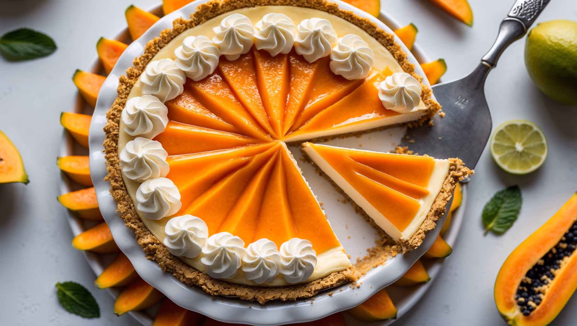 An overhead shot of a perfectly sliced papaya cream pie revealing its vibrant orange-coral filling against a golden graham cracker crust. Soft natural light highlights the silky-smooth texture of the cream layer and the glossy papaya topping. A cross-section view shows the distinct layers - the crumbly graham base, luscious cream cheese filling, and translucent papaya glaze. Served on a white ceramic cake stand with fresh papaya slices and mint leaves arranged artfully around the edge. A silver pie server rests nearby, with a perfectly cut slice revealing the pie's creamy interior. The background features scattered lime wedges and a few whole papayas, emphasizing the tropical inspiration.