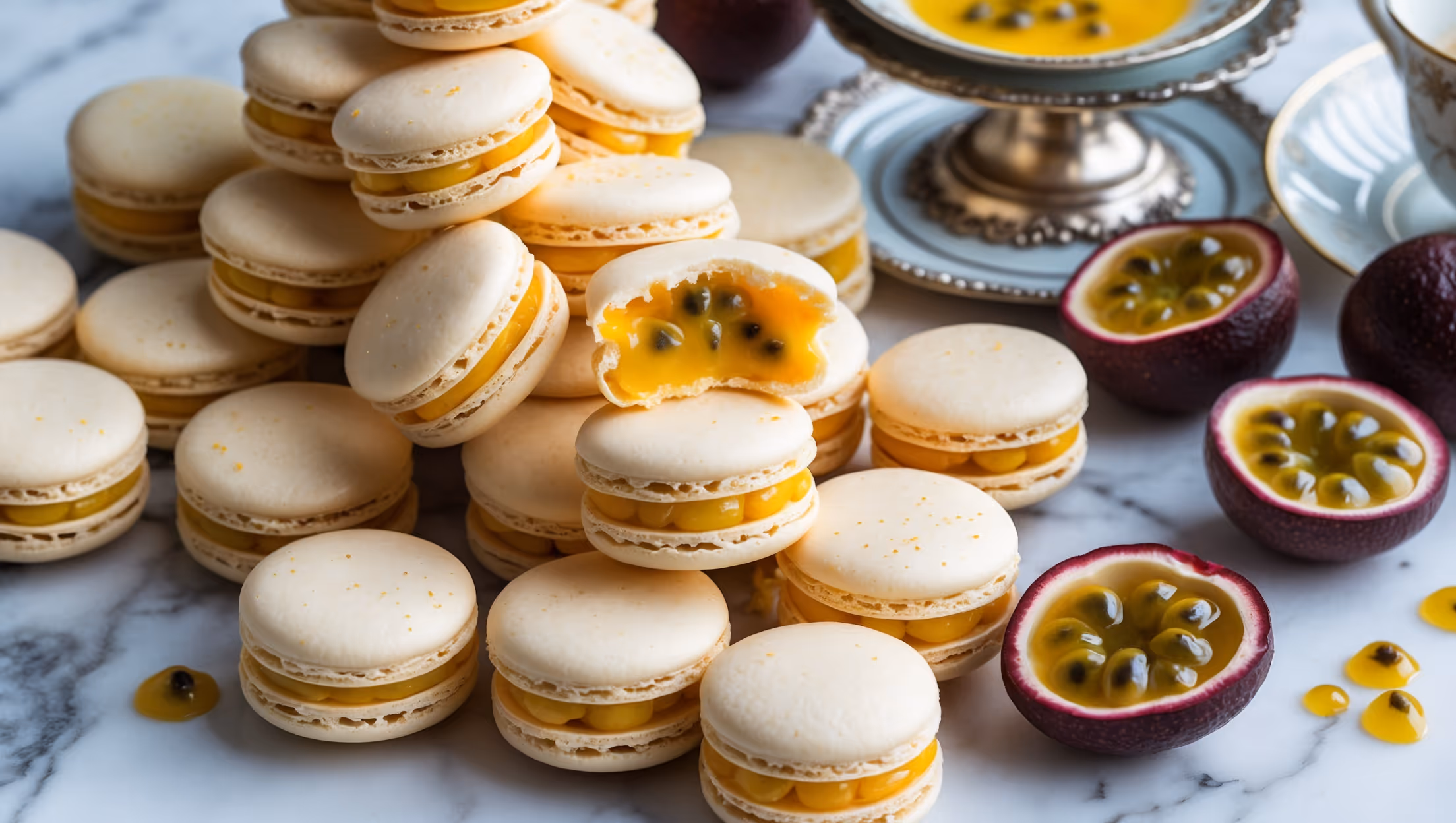 An overhead shot captures a cascading arrangement of perfectly formed passion fruit macarons on a white marble surface. The macaron shells exhibit the classic "feet" and smooth domed tops in a soft yellow hue with flecks of edible gold dust catching the diffused natural light. A cross-section view reveals the vibrant orange-yellow passion fruit filling peeking between the shells. Several halved passion fruits are artfully scattered nearby, their seeds glistening next to a small bowl of the vivid curd. A vintage silver cake stand holds a small tower of macarons in the background, while a delicate tea cup suggests the perfect pairing for these sophisticated treats.