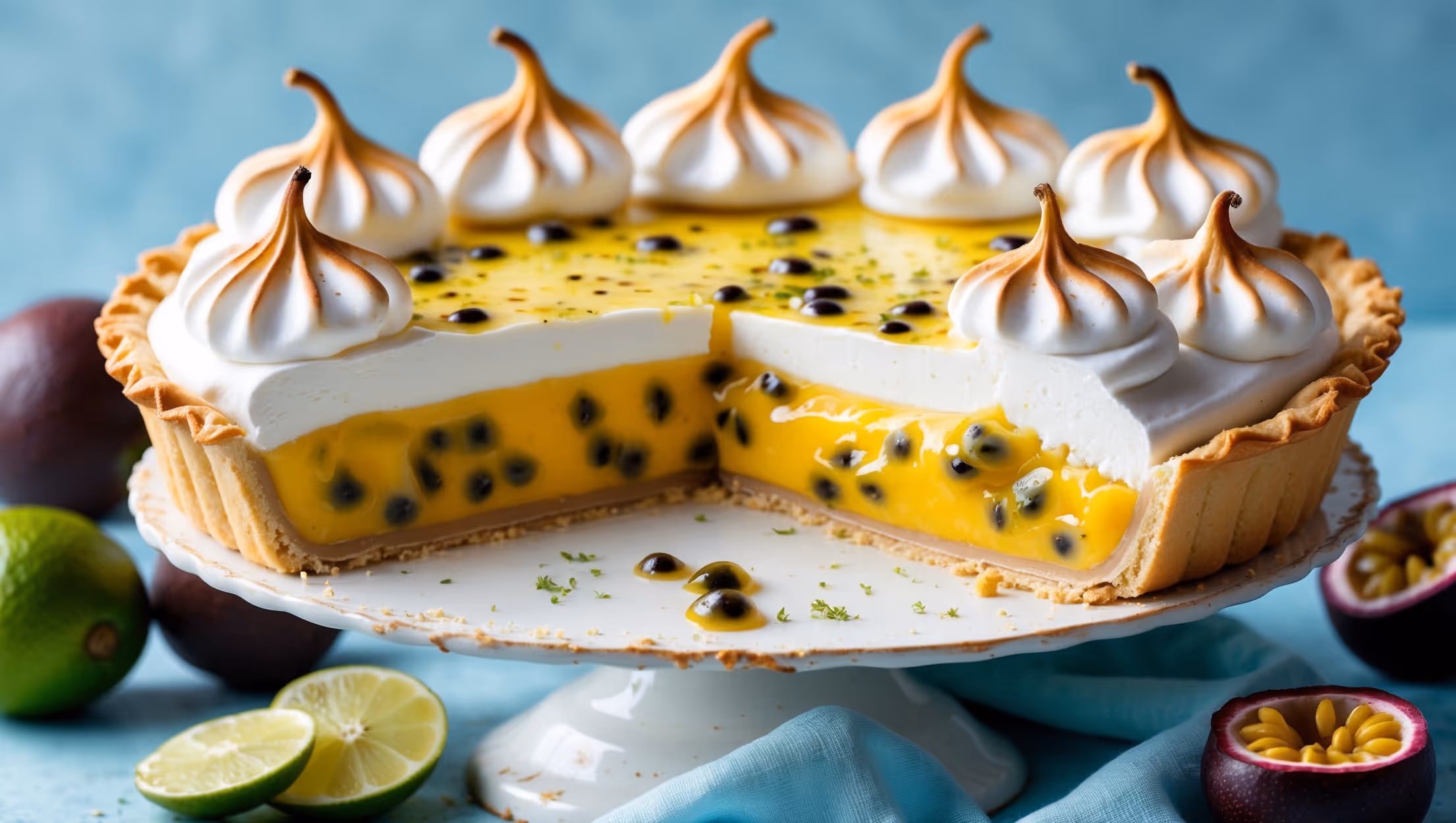 A golden-edged passion fruit pie photographed in soft natural light on a vintage white cake stand. The cross-section view reveals the vibrant yellow passion fruit filling, contrasting beautifully with the toasted meringue peaks that crown the dessert. Scattered passion fruit seeds and a sprinkle of lime zest provide visual texture atop the glossy filling. The flaky, butter-rich crust shows perfect layers where it's been sliced. Several whole passion fruits and fresh lime wedges are artfully arranged around the base of the stand, emphasizing the pie's tropical essence against a light blue linen background.