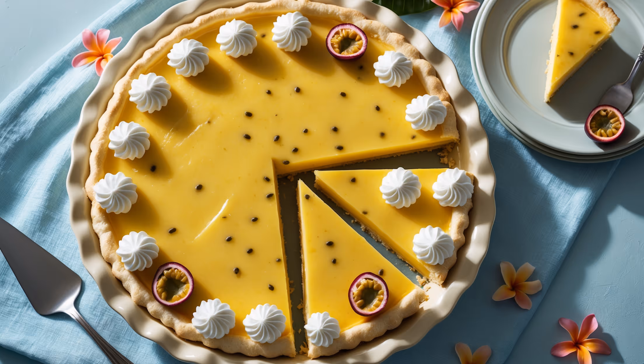 An overhead shot captures a golden, perfectly crimped pie crust filled with vibrant yellow-orange passion fruit cream that glistens under soft natural light. A slice has been removed, revealing the silky, custard-like texture that holds its shape while appearing luxuriously smooth. Dollops of fresh whipped cream create cloud-like swirls around the perimeter, garnished with thin slices of fresh passion fruit showing their distinctive black seeds. The pie rests on a white ceramic cake stand against a light blue linen backdrop, with a silver pie server and scattered tropical flowers suggesting the exotic flavor profile.