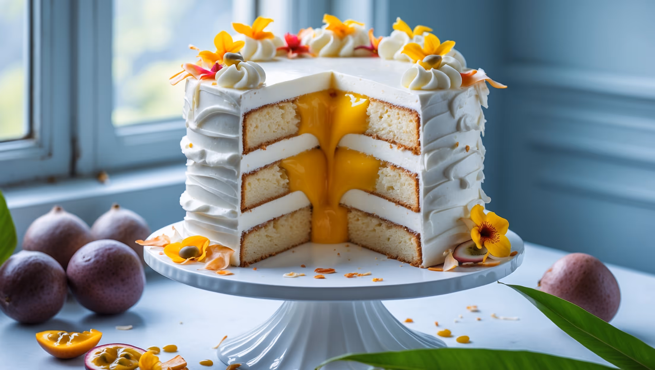 An elegant three-layer cake photographed in soft natural light streaming through a kitchen window, showcasing the bright yellow passion fruit curd peeking between pristine white layers of coconut frosting. The cross-section reveals a perfect vanilla sponge with a moist, fine crumb contrasting with the glossy, vibrant curd. The frosting displays delicate swoops and swirls, topped with fresh passion fruit seeds, edible flowers, and toasted coconut flakes. The cake sits on a white ceramic cake stand against a pale blue backdrop, with fresh passion fruits and tropical leaves artfully arranged nearby, emphasizing its exotic inspiration.
