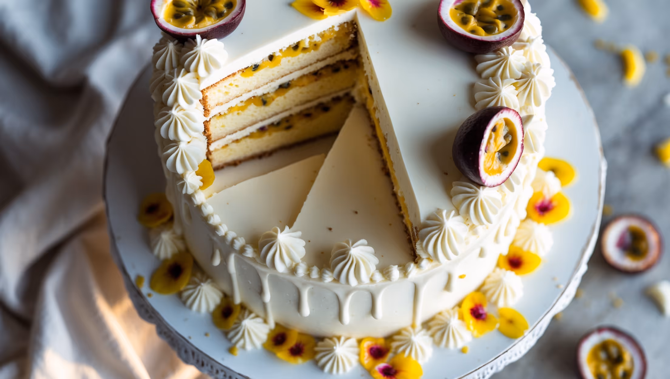 An overhead shot of a three-layer white chocolate cake with a subtle yellow-tinged passion fruit filling peeking between each layer. A cross-section reveals the moist vanilla sponge layers and vibrant passion fruit curd. The exterior features smooth, ivory white chocolate buttercream with delicate piping around the top edge and fresh passion fruit halves artfully arranged as garnish. Golden afternoon light highlights the glossy white chocolate drips cascading down the sides, while scattered edible flowers and gold leaf accents provide elegant contrast against the cake's creamy surface. The cake sits on a vintage white cake stand against a neutral linen backdrop, with fresh passion fruits and white chocolate curls scattered around the base.