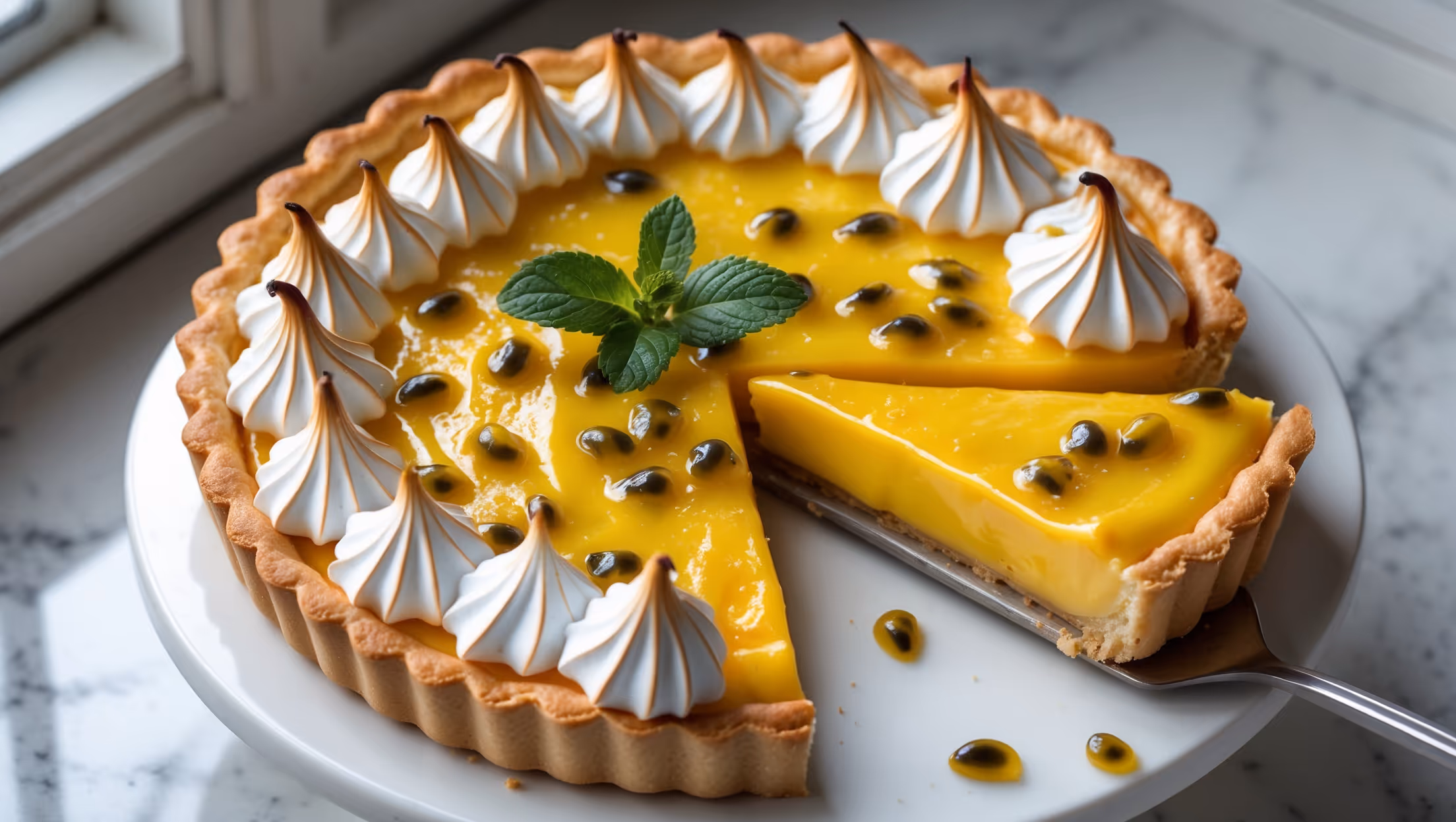 An overhead shot captures this stunning tart on a white ceramic cake stand against a light marble surface. Natural window light highlights the golden-brown pastry shell and the vibrant yellow-orange passion fruit curd filling that glistens with a slight sheen. A close-up reveals perfectly piped toasted meringue peaks decorating the edges, their tips caramelized to a gentle amber. Scattered passion fruit seeds and fresh mint leaves provide striking contrast against the sunny filling, while a cross-section view shows the distinct layers: the crisp, flaky pastry base, the smooth, velvety curd center, and the cloud-like meringue topping. A slice being lifted reveals the perfect texture of the filling—firm enough to hold its shape but yielding easily to a fork.