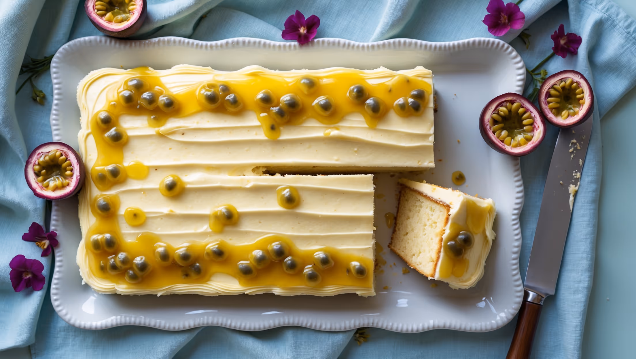 An overhead shot of a golden-yellow passion fruit sheet cake on a white ceramic rectangular platter against a pale blue linen. A knife rests beside a freshly cut slice revealing the moist, tender crumb. The cream cheese frosting appears velvety and smooth, decorated with thin swirls and topped with a vibrant passion fruit drizzle that creates amber pools on the surface. Fresh passion fruit halves and edible flowers are artfully scattered around the cake, while natural light streams in from a nearby window, highlighting the glistening seeds in the passion fruit topping and the slight gloss of the frosting.