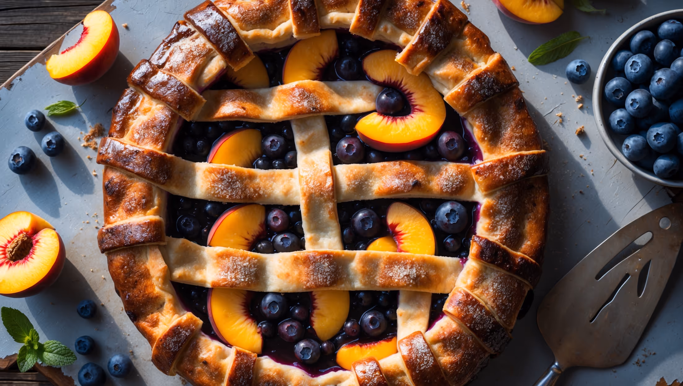 An overhead shot of a rustic Peach Blueberry Pie with a beautifully browned lattice crust, capturing the vibrant contrast between golden peach slices and deep purple blueberries visible through the openings. Soft natural light streams across the pie, highlighting the glossy fruit filling bubbling at the edges and the sparkling sugar crystals atop the perfectly bronzed pastry. The pie rests on a weathered wooden board, surrounded by scattered fresh blueberries, peach slices, and delicate mint leaves, with a vintage serving spatula waiting nearby. A thin wisp of steam rises from a freshly cut slice, revealing the luscious, jammy interior where the fruits have melded together into a perfectly set filling.