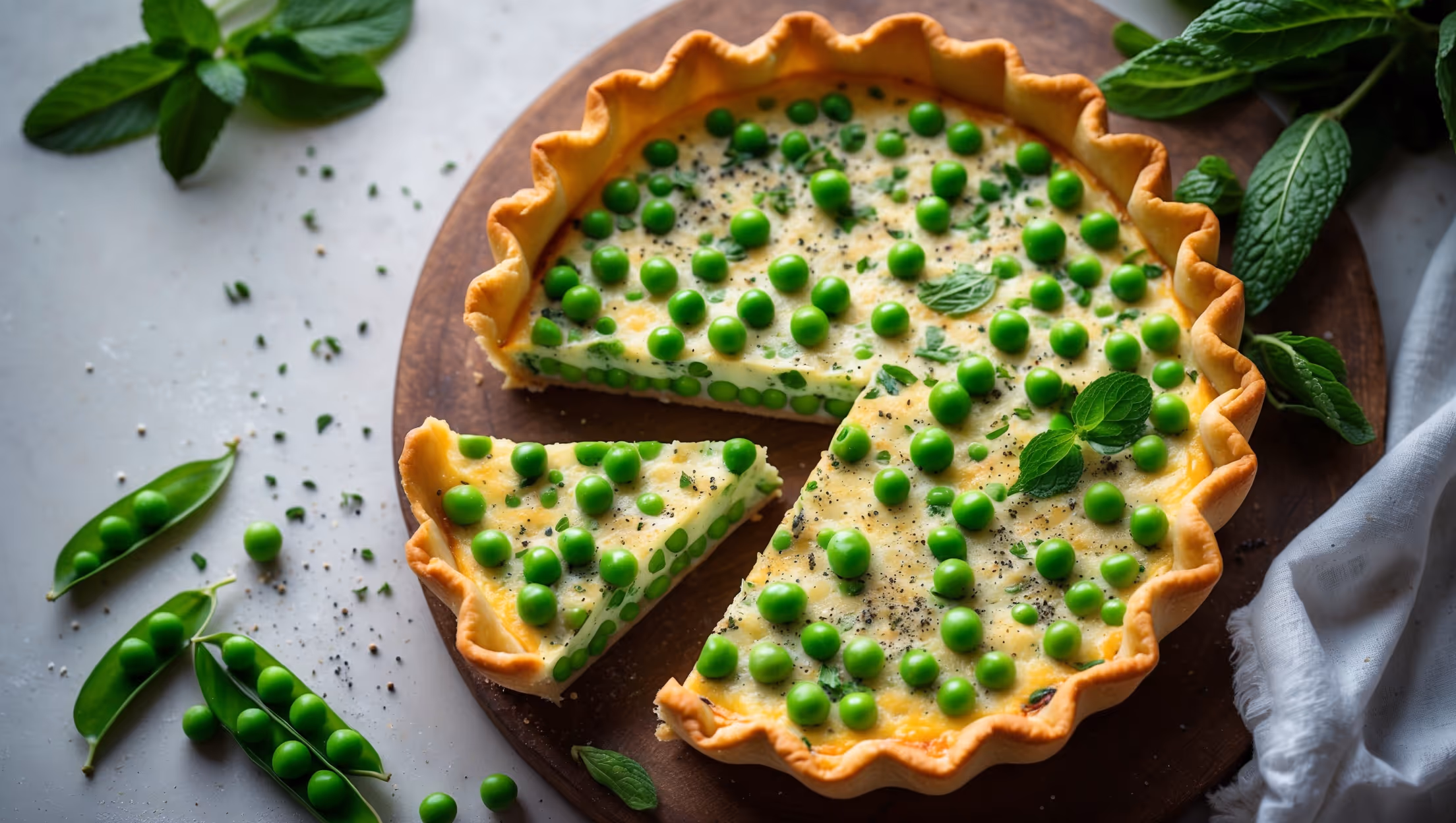 Overhead shot of a golden-brown quiche with a perfectly fluted crust, displaying a vibrant green filling speckled with bright peas and flecks of mint. A slice has been removed, revealing the luscious, just-set custard interior and the textural contrast of whole peas. Captured in soft natural light on a rustic wooden board, with a small bunch of fresh mint and scattered pea pods nearby. A light dusting of black pepper and a drizzle of olive oil add a glossy finish that highlights the savory-sweet nature of this spring-inspired dish.