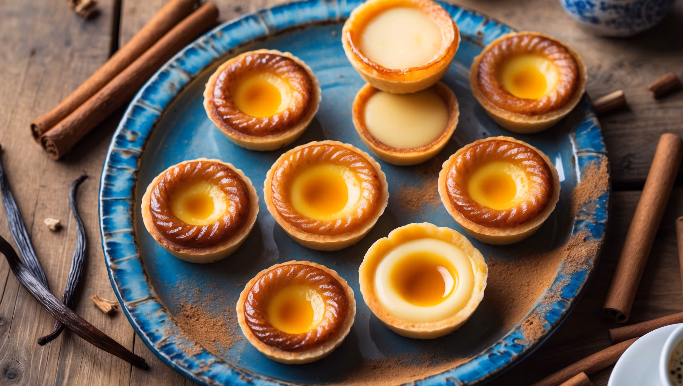 Overhead shot of golden-brown Pasteis de Nata arranged on a vintage blue ceramic plate, their characteristic burnished tops displaying a perfect caramelization pattern against the sunny yellow custard. A close-up reveals the dozens of delicate, paper-thin pastry layers curling around the edges in a beautiful spiral pattern. Soft natural light highlights the contrast between the crisp exterior and creamy interior visible from a cross-section view. Scattered cinnamon sticks, vanilla pods, and a light dusting of powdered cinnamon complete the styling on a rustic wooden table, with a small espresso cup positioned nearby, suggesting the traditional Portuguese way of enjoying these custard tarts.