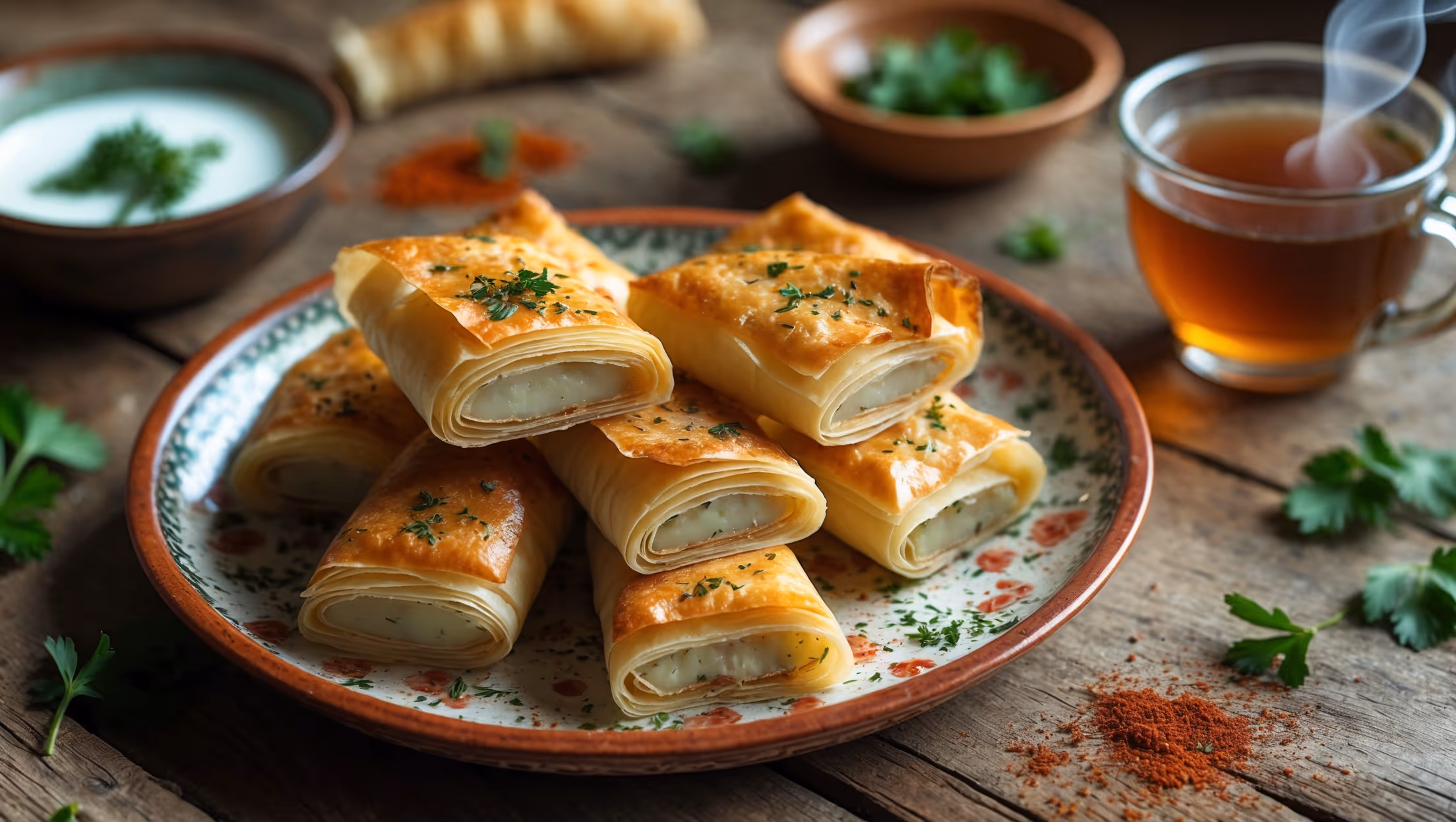 An overhead shot of golden-brown Patatesli Börek slices arranged on a traditional Turkish ceramic plate, showcasing the flaky layers and potato filling peeking through. Soft natural light streams across the scene, highlighting the crisp, buttery texture of the pastry. In the background, a small bowl of yogurt garnished with fresh herbs sits alongside a steaming glass of Turkish tea. Close-up details reveal the delicate layers of phyllo dough and the perfectly seasoned potato filling studded with flecks of herbs and spices. The rustic wooden table is adorned with scattered parsley leaves and a light dusting of paprika, creating a warm, inviting atmosphere that celebrates this classic Turkish pastry.