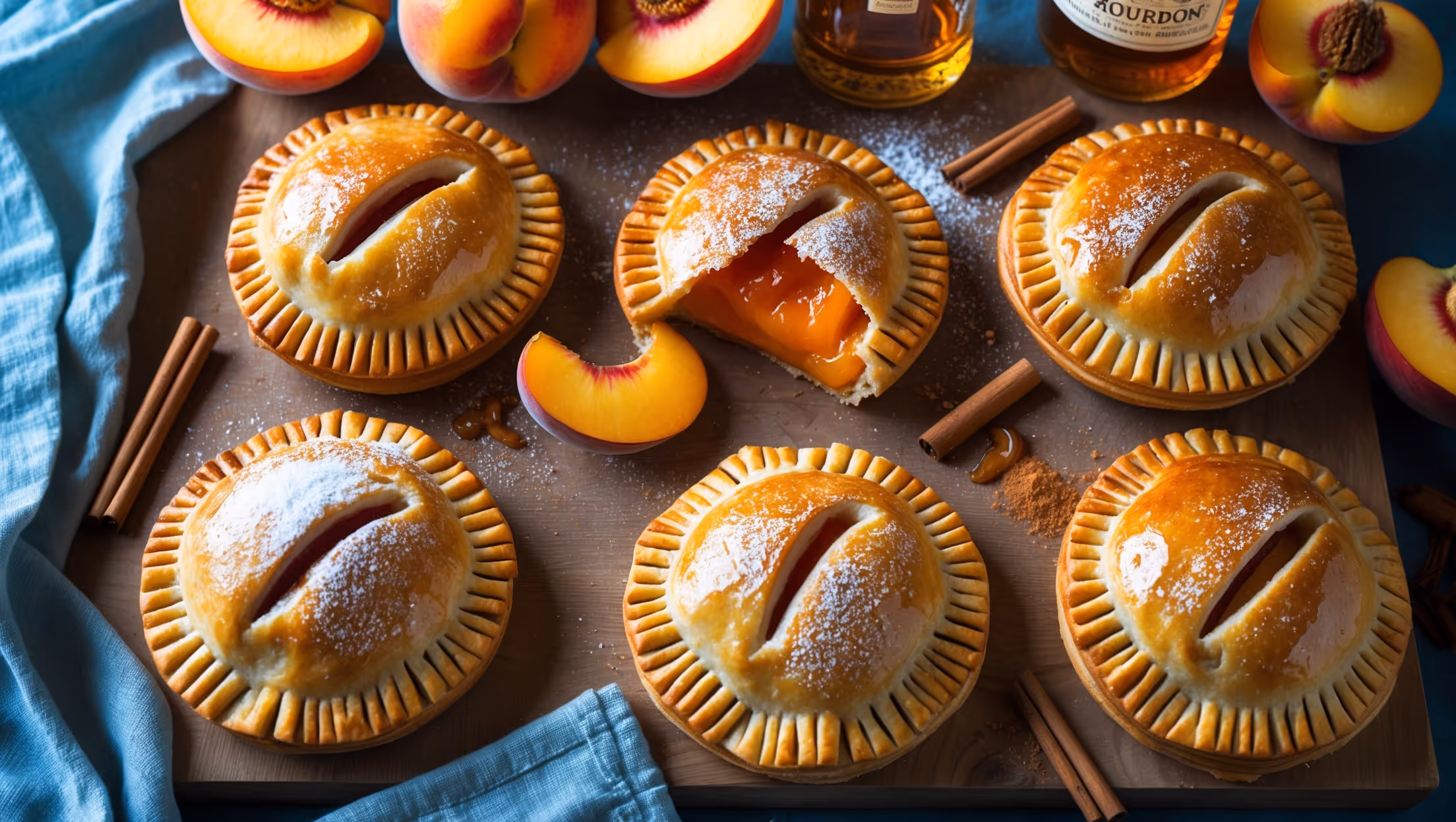 An overhead shot captures a rustic wooden board holding five golden-brown hand pies, their edges crimped with fork marks and tops glistening with turbinado sugar crystals. A cross-section view reveals the vibrant orange-yellow peach filling oozing slightly from one cut pie. Soft natural light streams in from the side, highlighting the flaky pastry layers and caramelized edges. Fresh peach slices, a small jar of bourbon, and scattered cinnamon sticks artfully frame the composition. A light dusting of powdered sugar creates contrast against the amber-hued filling, while a vintage blue linen napkin adds a homey touch to this summer-meets-autumn dessert.