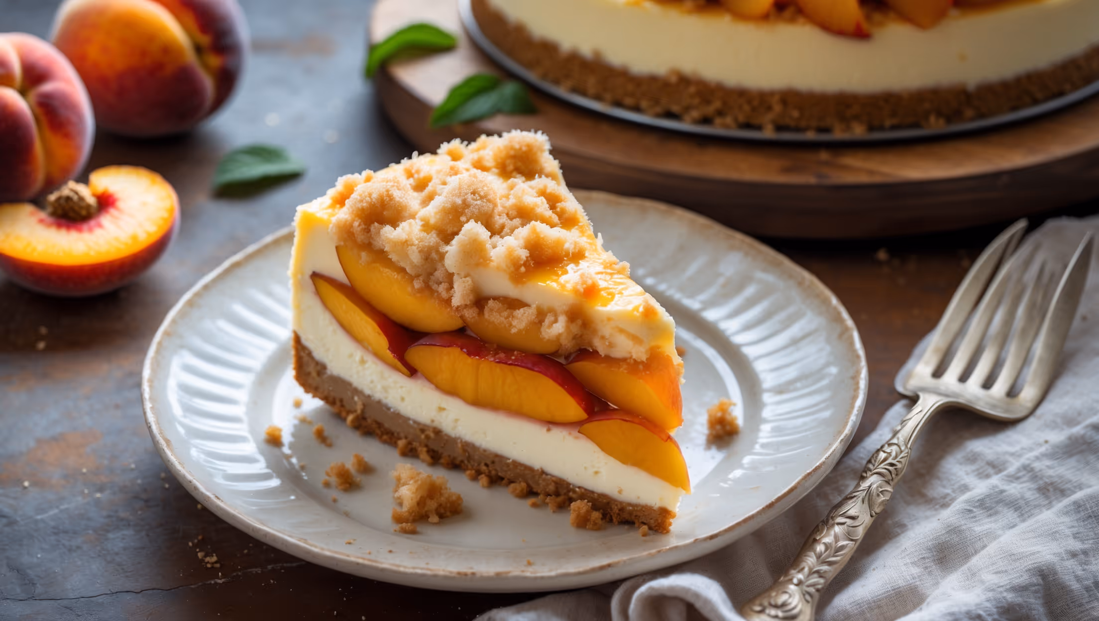 An overhead shot of a perfectly sliced wedge of Peach Cobbler Cheesecake on a white ceramic plate, revealing distinct layers of golden-brown cobbler topping, vibrant orange-yellow peach filling, and creamy vanilla cheesecake base. Soft natural light streams in from the side, highlighting the contrasting textures - the crumbly, sugar-dusted cobbler crust, glistening caramelized peach slices, and smooth cheesecake layer. A vintage silver dessert fork rests beside the slice, while in the background sits the remaining cheesecake on a wooden cake stand, with fresh peach slices and mint leaves scattered artfully around the base for color contrast.